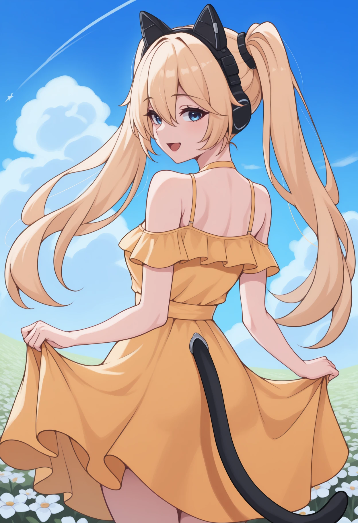 masterpiece, best quality, <break> from behind, solo, 1girl, m1chele, cat tail, :d, looking back, skirt hold, long hair, blonde hair, hair between eyes, twintails, animal ear headphones, blue eyes, yellow sundress, bare shoulders, outdoors, blue sky, cloud, flower field
<segment:yolo-Anzhc Face seg 640 v2 y8n.pt,0.4,0.5//cid=1>