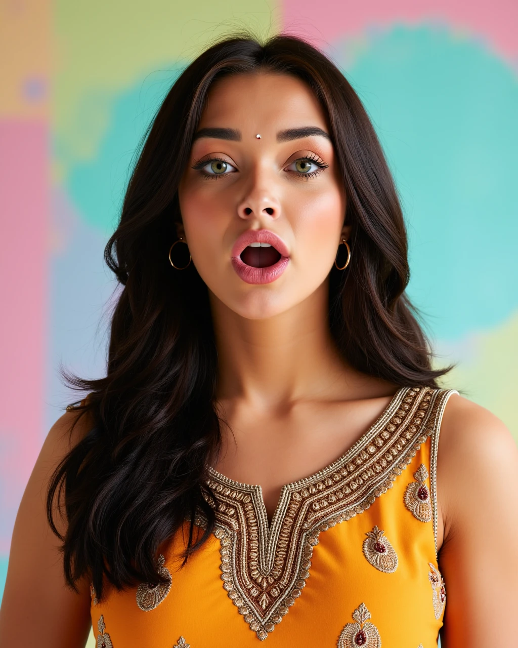 full body photo of Amy Jackson woman,candid photo with natural colors, shouting expression on face,studio quality, wearing intricate conservative sleeveless Ochre Bandhani Dress, straight hair, pastel shaded multicolored background, cinematic soft lighting<lora:TestBed\Amy_Jackson_Flux_Kohya_LoRA_v1.safetensors:1.0:1.0>