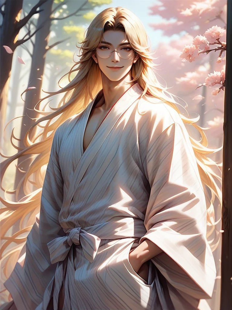 score_9, score_8_up, score_7_up, 1boy, looking at viewer, cowboy shot, smile, wide shot, solo, dutch angle, detailed background, cherry blossoms, forest,
<lora:ADonghuaMaleXL_style:0.8>,DonghuaXLP, long hair, blonde hair, brown eyes, round eyewear, yukata, japanese clothes, evil smile,