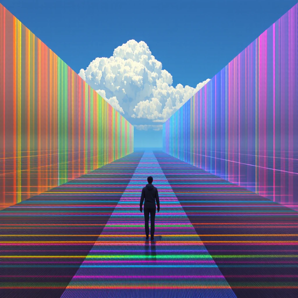 Chromatic abstraction, evenly distributed spectral patterns arranged in a logical sequence, symbolizing clarity and depth spectral patterns logical sequence visual depth structured clarity, Homecoming to the Sky of Eternity: A wanderer walking toward an endless horizon, the clouds above whispering of belonging.