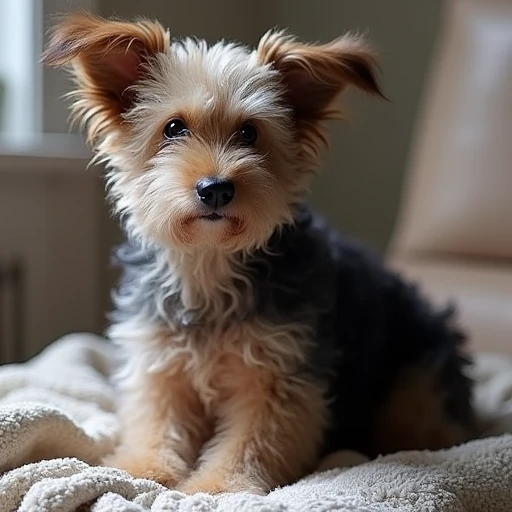 A fluffy terrier mix dog named Rubia, sitting upright on a blanket, curly black and tan fur, with perky ears and a curious expression, well-lit indoor setting, highly detailed and realistic