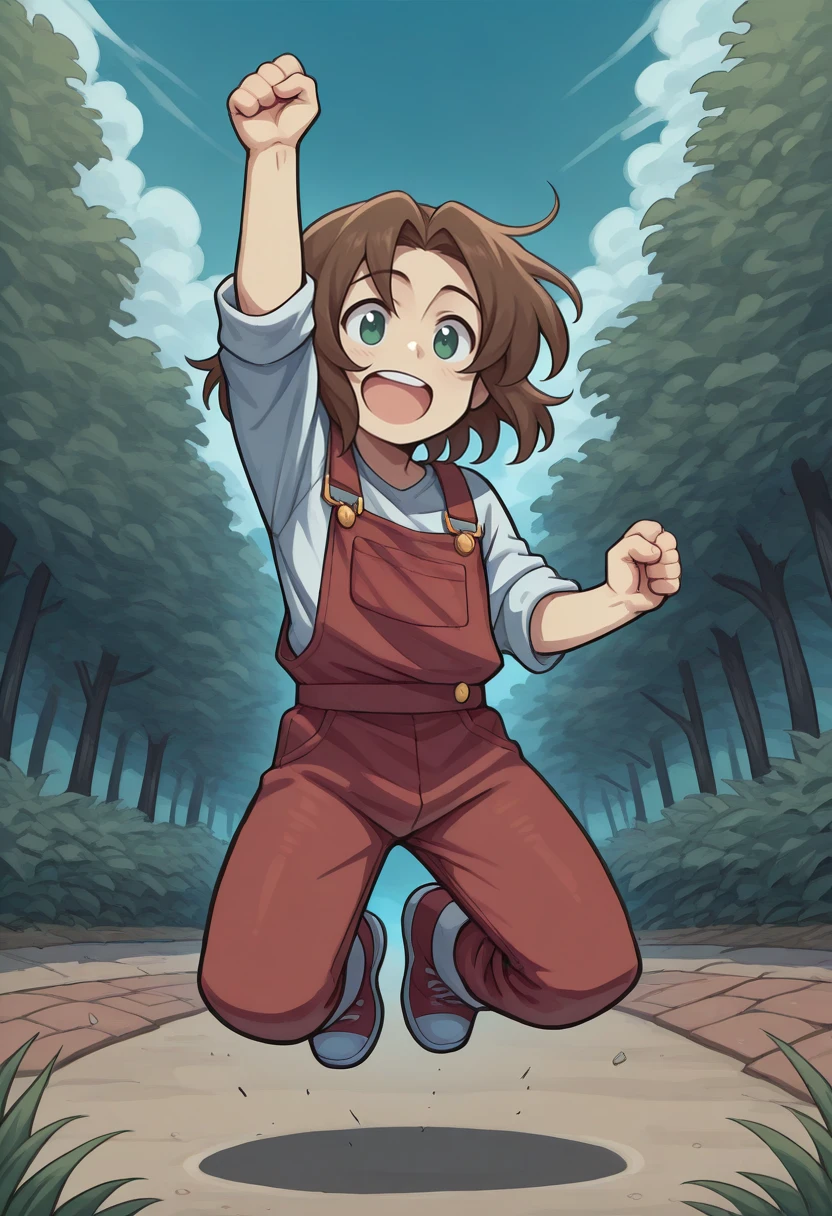 masterpiece, best quality, 1boy, solo, <lora:NSLithuaniaHetalia:1> NSLithMisc, brown hair, medium hair, green eyes, red overalls, chibi, jumping, cartoon, one arm up, outdoors