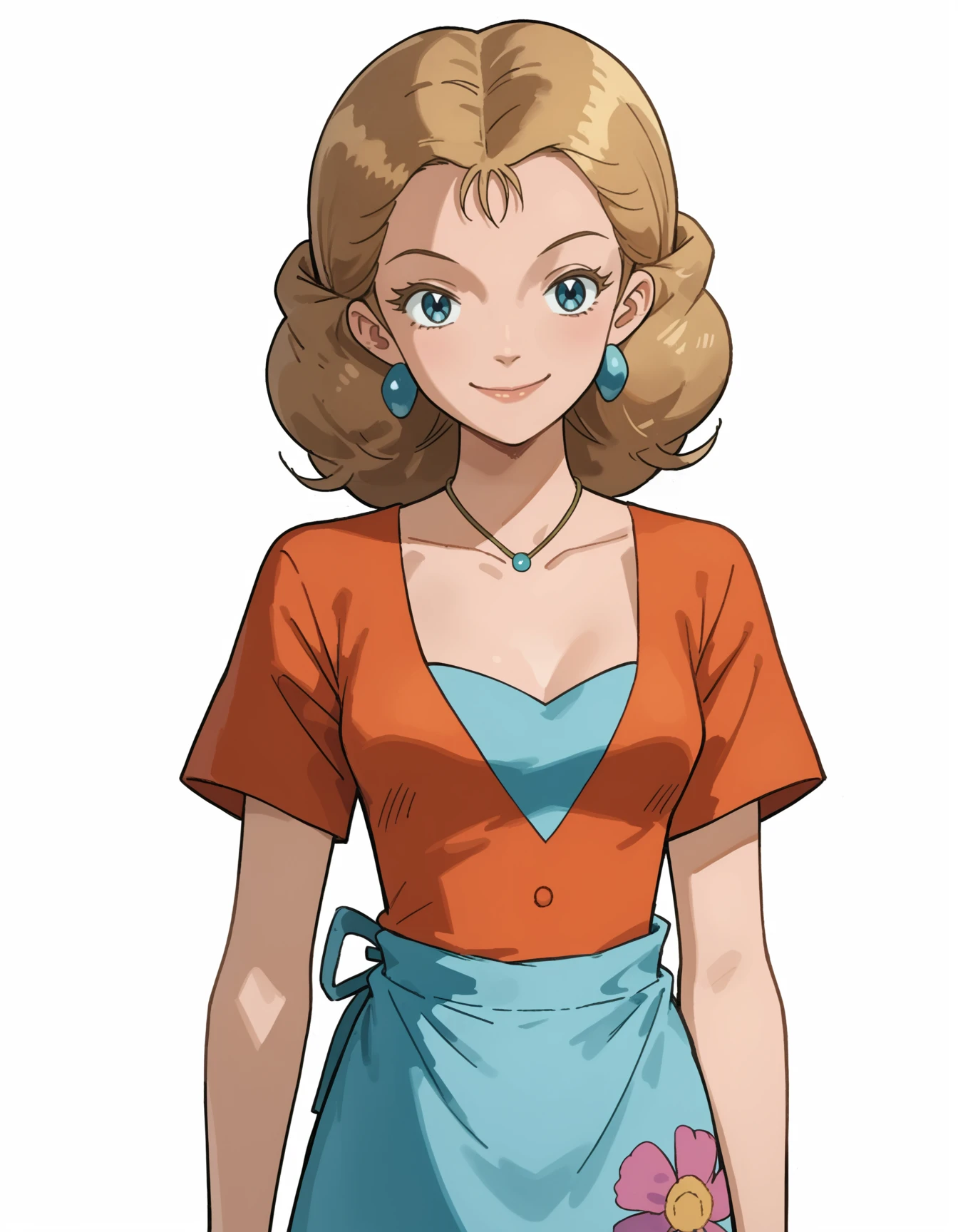 source_anime, score_9, score_8_up, score_7_up,
<lora:shirley_rodgers_v01a03-000007:1>
1girl, solo, skinny, medium hair, curly hair, sphere earrings, blonde hair, smile, (floral print:0.9), 
orange dress, waist apron, blue apron, short sleeves, blue undershirt, v-neck, necklace, blue eyes, eyelashes, collarbone,
cowboy shot, simple background, white background, looking at viewer