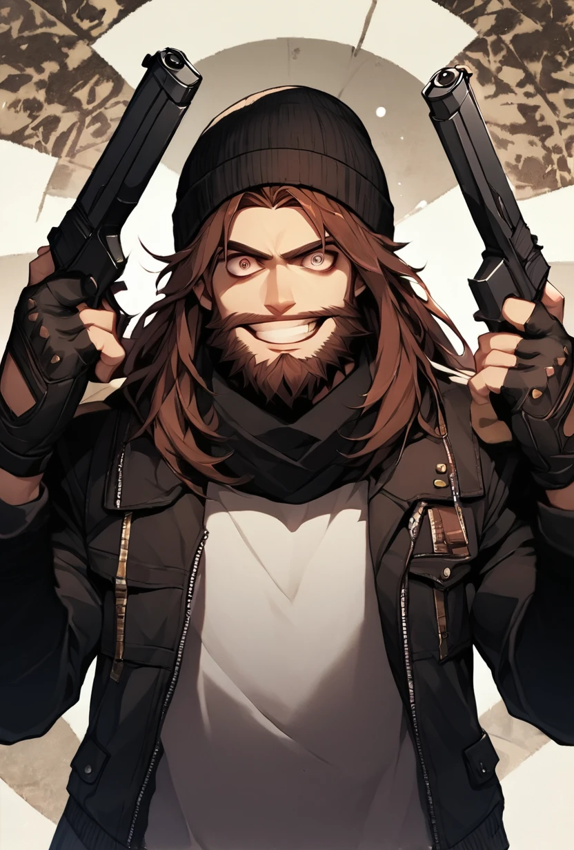 score_9, score_8_up, score_7_up  <lora:jeezo-10:1> jeezo, male focus, facial hair, beard, brown hair, long hair, beanie, black fingerless gloves, long  jacket, black headwear, black jacket, long sleeves, , Bandolier, ((detailed background,))   <lora:DanielRadcliffeHoldingTwoGunsMeme_pdxl_Incrs_v1:1> handgun, holding gun, holding weapon, dual wielding, finger on trigger, smile, grin, crazy eyes