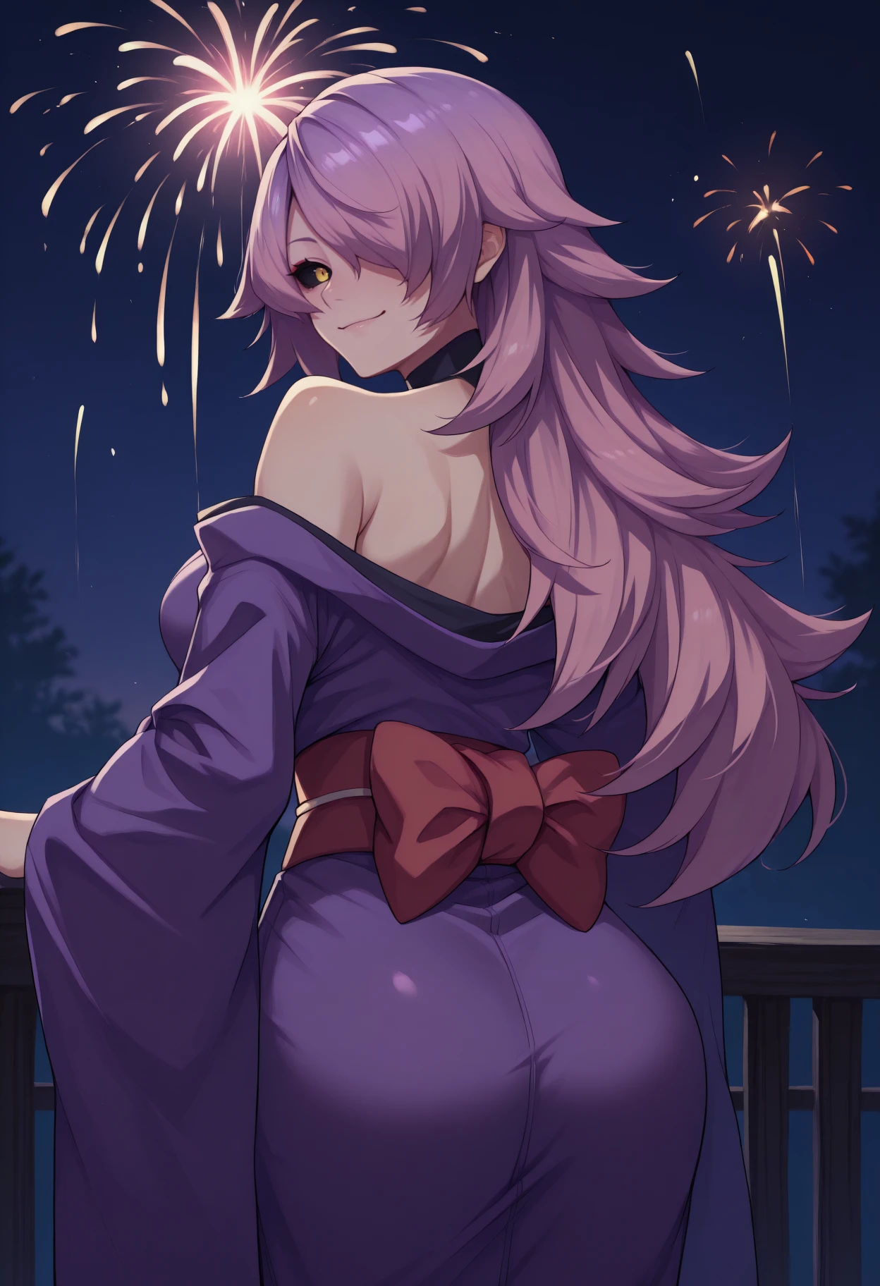 anime, masterpiece, best quality, <break> from behind, solo, 1girl, konoemercury, smile, looking back, pink hair, hair over one eye, yellow eyes, black sclera, japanese clothes, purple kimono, off shoulder, red sash, bare shoulders, outdoors, night, fireworks
<segment:yolo-Anzhc Face seg 640 v2 y8n.pt,0.4,0.5//cid=1>