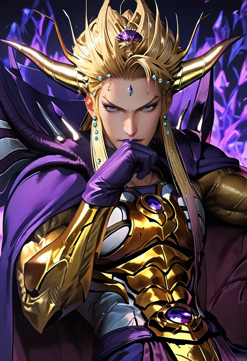 score_9, score_8_up, score_7_up, (masterpiece:1.2), (best quality:1.3), source_anime, 1boy, muscular, fighting stance, <lora:Emperor_Mateus_Final_Fantasy:0.8> empmat_ff, makeup, purple lipstick, cape, gold armor, gloves, looking at viewer, simple background, portrait, sitting on throne, leaning on hand, low light, dark, dim, cinematic lighting, high contrast, rim lighting, ray_tracing, global illumination, glow