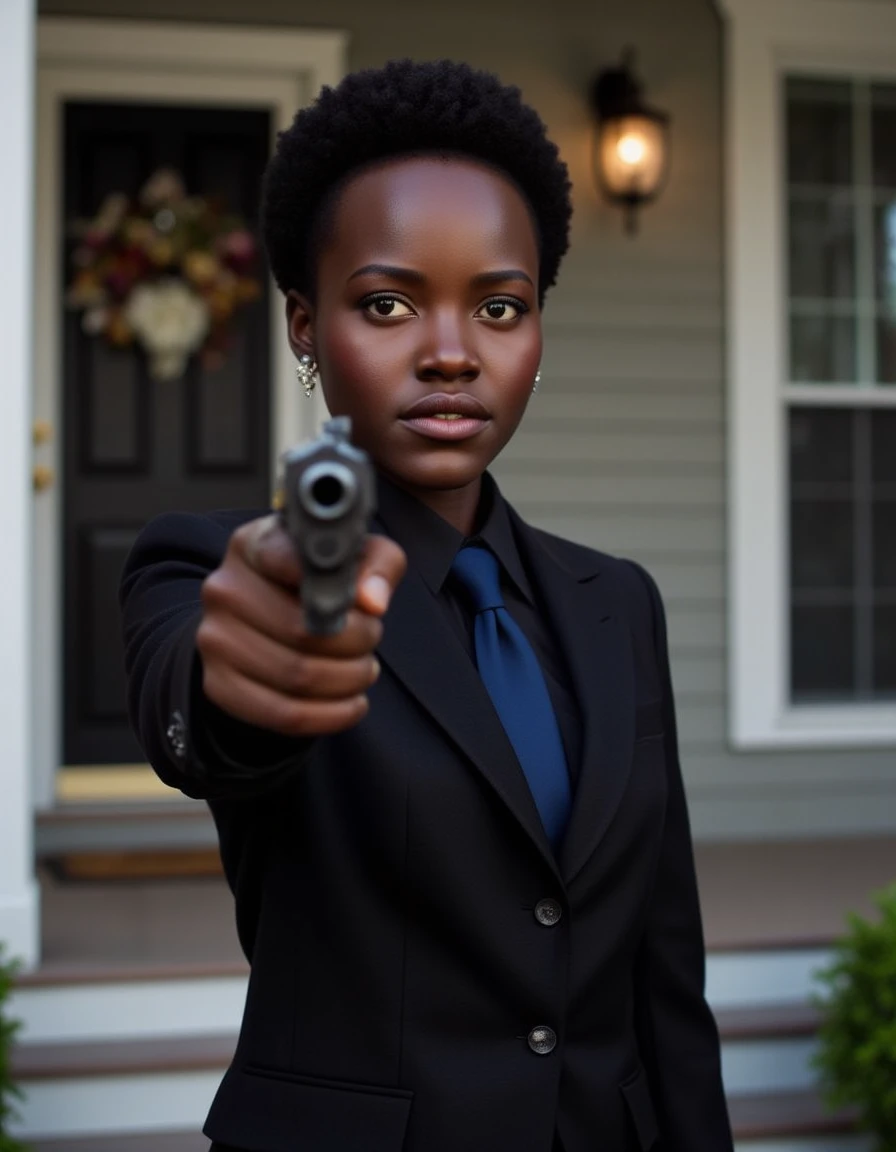 lupita-nyongo is pointing a gun at the viewer, her brows furrowed, her eyes wide darting back that the noise she heard.  She is wearing a black suit with a blue tie and standing on the front stoop of the house, it is morning and you see the paper boy flinging a paper at your house which has startled lupita-nyongo,  a realistic photo, IMG-00023, taken on a samsung galaxy 15 camera phone,  <lora:flux_lupita-128:1.1>  <lora:FluxWeaponPistol:1>