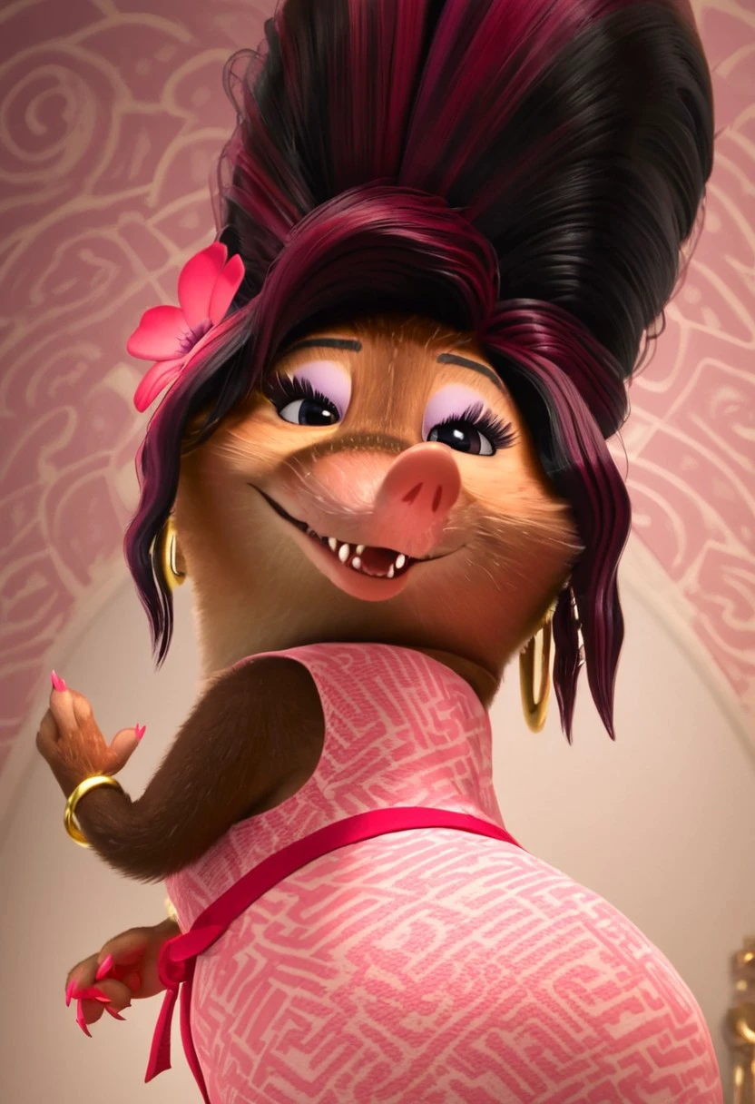 trutru(trudy)_z+casual, furry, anthro, female arctic shrew, large black bouffant hair (red hair streaks, pink flower), tan fur, mole, long pink nose, big eyelashes, brown eyes, golden-brown hands (four fingers), short claws (pink fingernails), purple eyeshadow, light pink dress (pink geometric patterns), fuchsia ribbon around the waist, golden earrings (big golden hoop rings), gold bracelet on right arm, score_8_up, score_7_up, BREAK, 1girl, solo, from behind, looking back, from below, low-angle shot, portrait, head tilt, looking at viewer, detailed background, 4k, masterpiece, best quality, highly detailed, realistic, 3d, Expressiveh