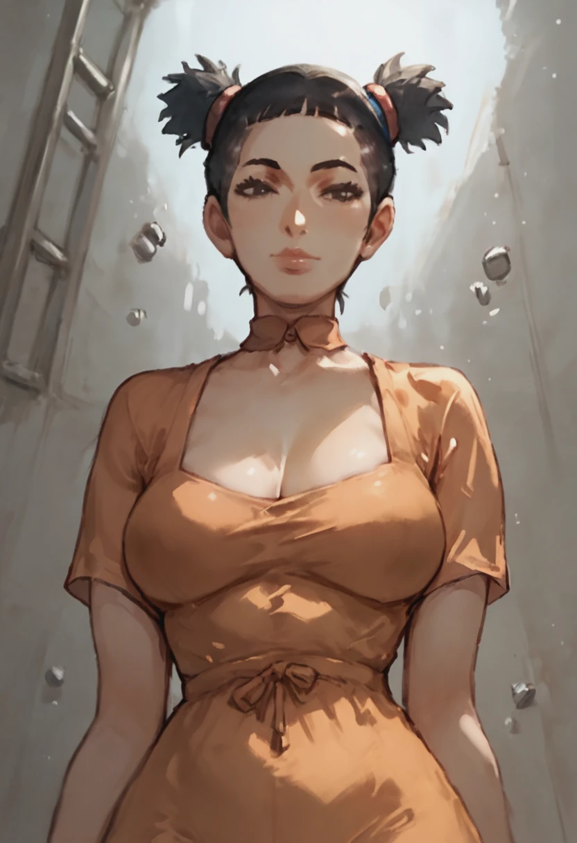 score_9, score_8_up, score_7_up, 1girl, large_breasts, mature_female, portrait, solo, looking_at_viewer, open_eyes, Pretending to skip rope, perspective, (Apricot Backless Dress), tri drills, crew cut, Black hair, prison, cropped_torso, rating_safe, <lora:pony\artist_styles\dzenrei_pony:1.0>