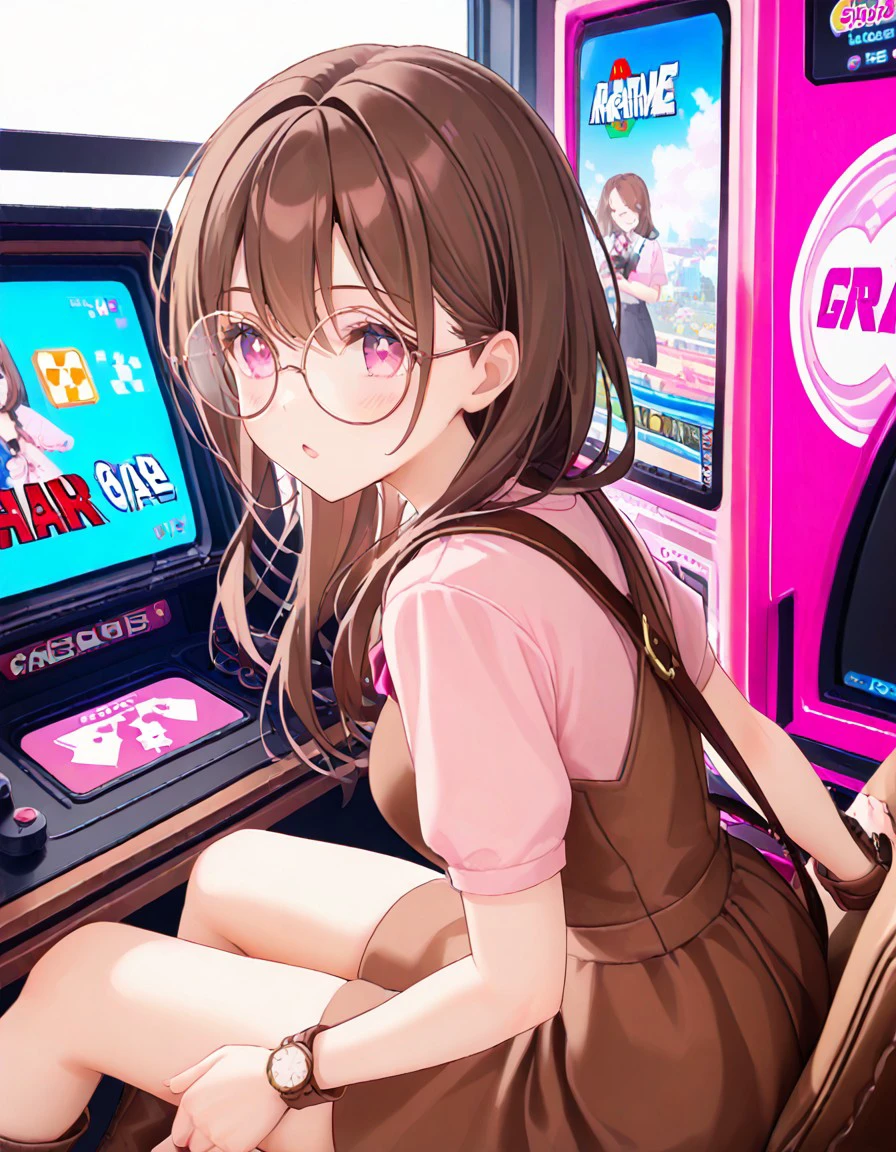 (masterpiece), best quality, expressive eyes, perfect face, brown hair, large round glasses, pink t-shirt, brown plaid pinafore, bare legs, pink eyes, brown wrist watch, brown leather boots, facing away at window, at game arcade or gaming center, playing arcade game with joystick, <lora:1e83974a-dcdc-4b59-ab52-7c7695b7d060:0.7>