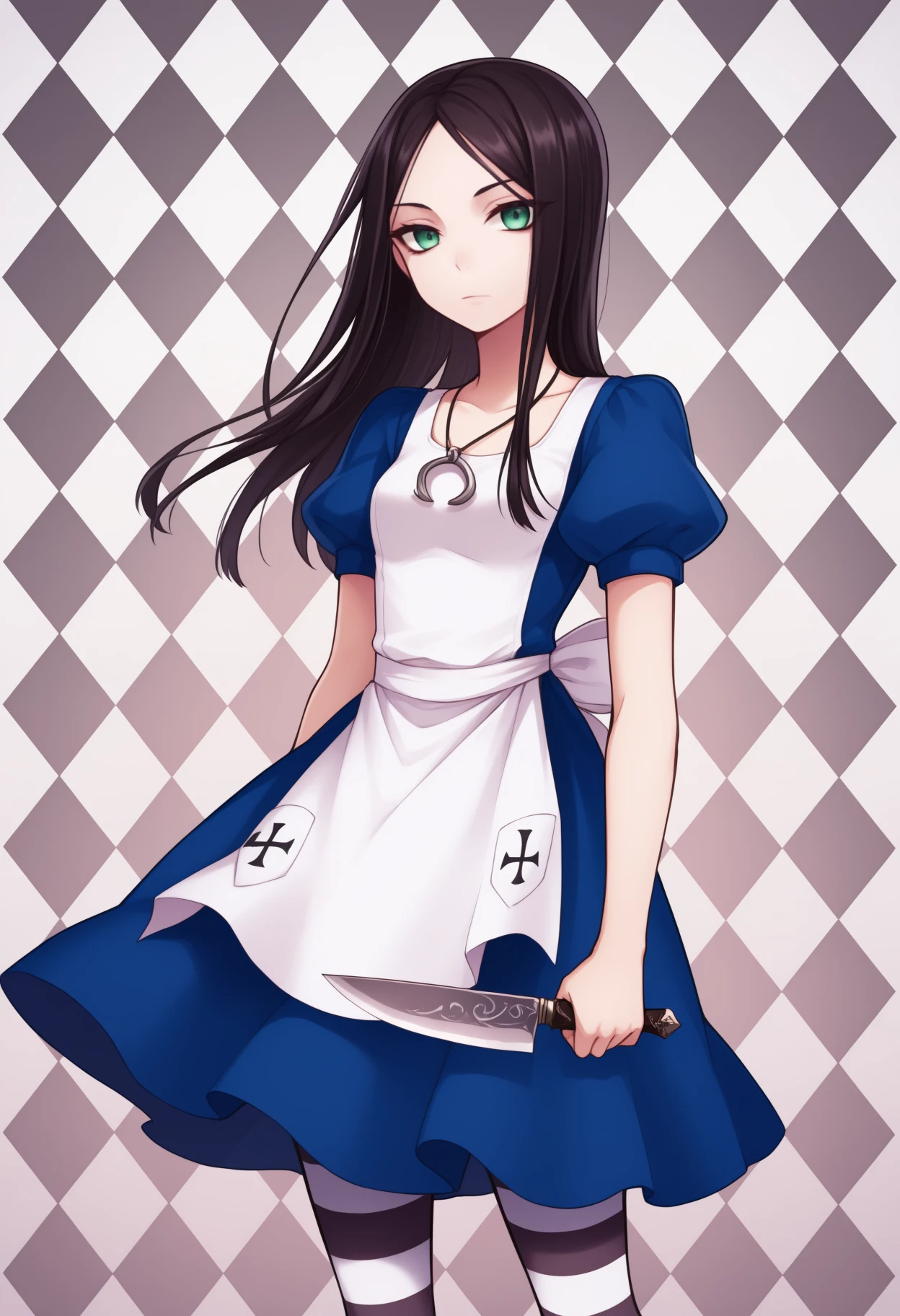 masterpiece, best quality, <break> solo, 1girl, mcgeealice, expressionless, looking at viewer, standing, holding knife, arms at sides, blue dress, puffy short sleeves, white apron, striped pantyhose, necklace, argyle background
<segment:yolo-Anzhc Face seg 640 v2 y8n.pt,0.4,0.5//cid=1>