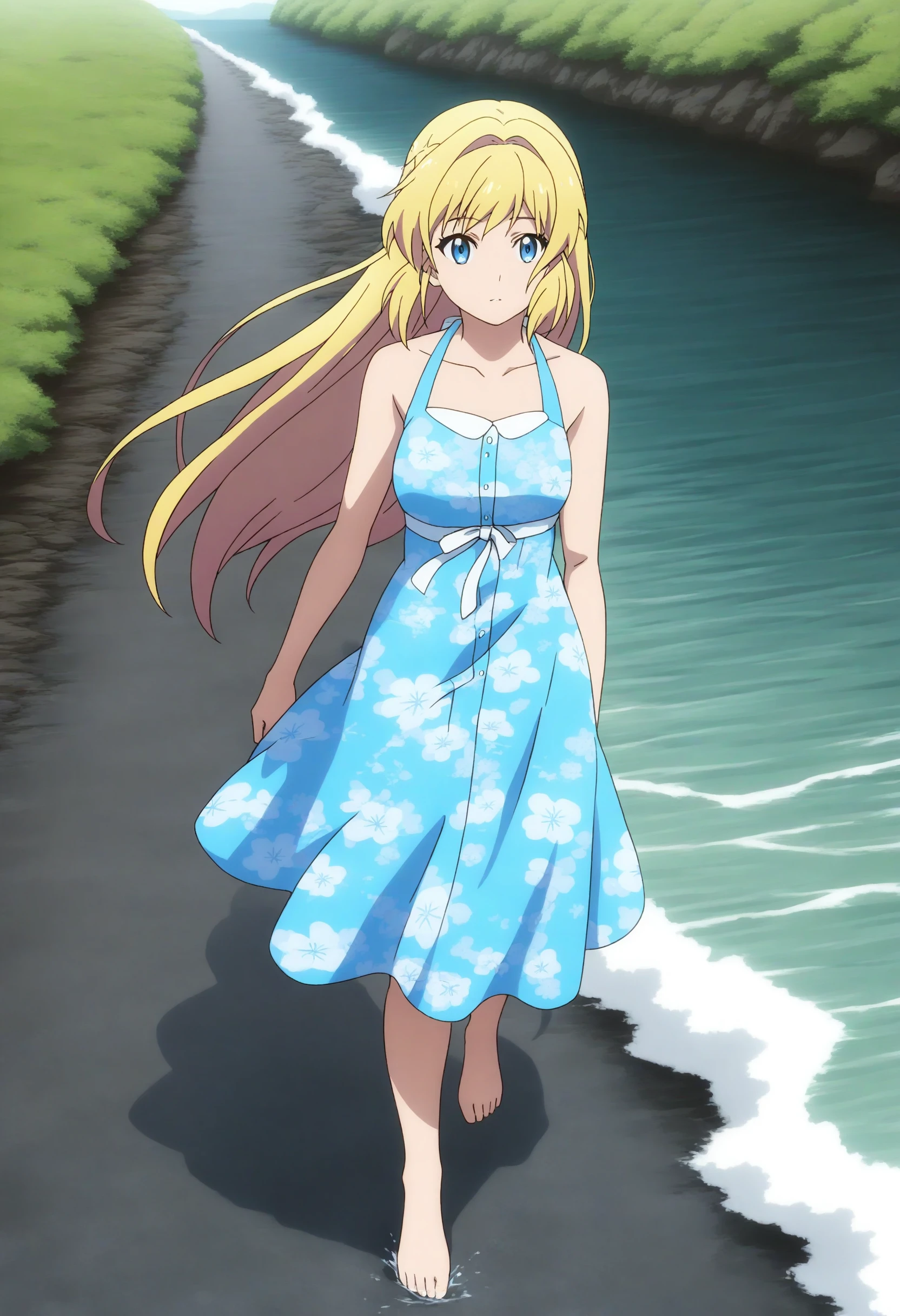 <lora:Azusa Aizawa - [Slime Taoshite 300 Nen] - illustriousXL v1:1>, blonde hair, blue eyes, solo, floral sundress, walking, along the shoreline, barefoot, waves splashing