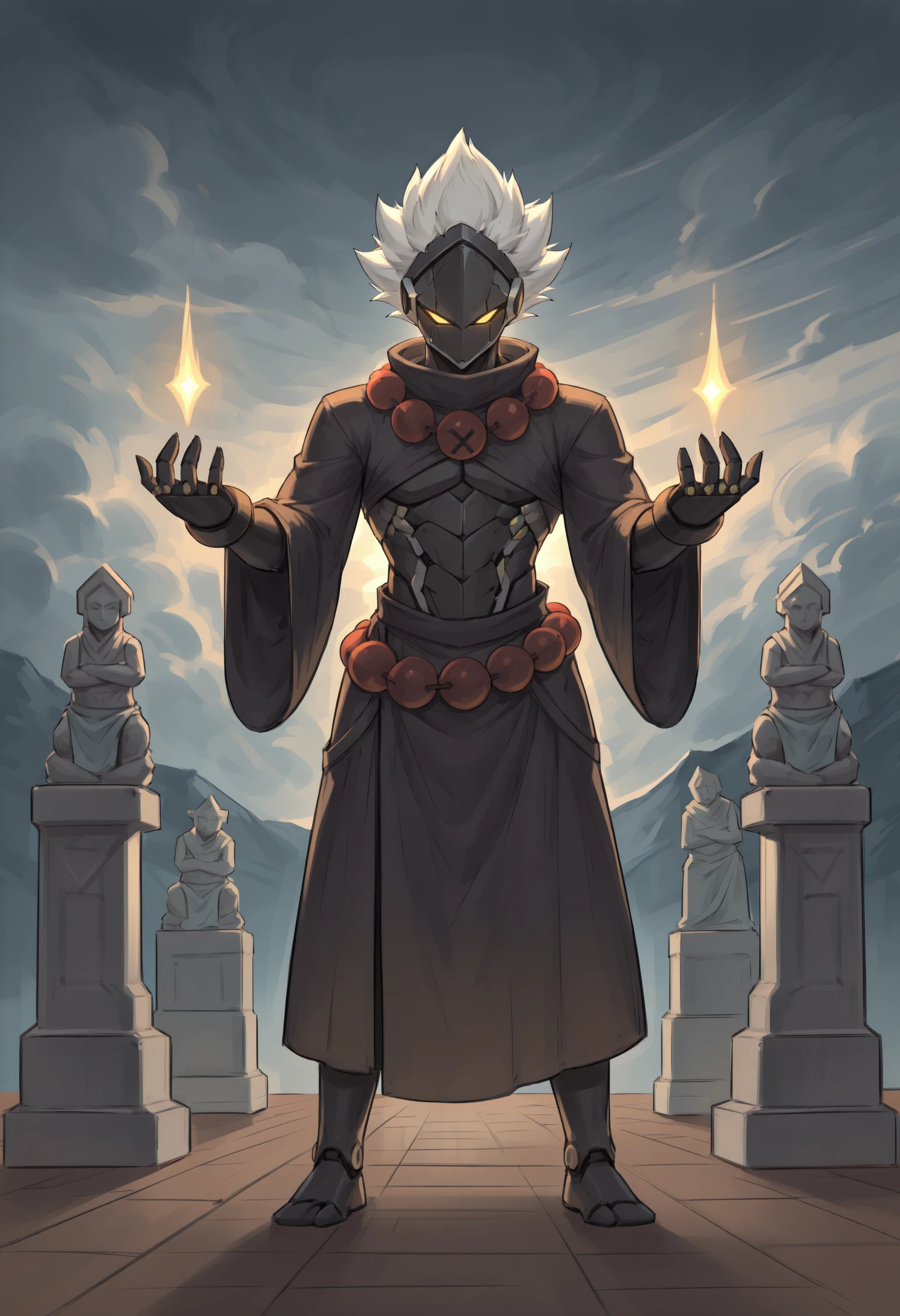 masterpiece, best quality, 1boy, zzzblkd, cyborg, robot joints, short hair, white hair, spiked hair, yellow eyes, glowing eyes, mechanical hands, mechanical parts, robot ears, no mouth, 
Mountain monastery, flowing robes, bare feet, ancient walls, prayer beads, serene expression, meditation pose, distant clouds, wooden floor, stone statues, glowing candles, focused gaze, tranquil atmosphere, light streaming in, ritual tools, silent breath
<lora:zzzblkd_idxl_EliPot:1>