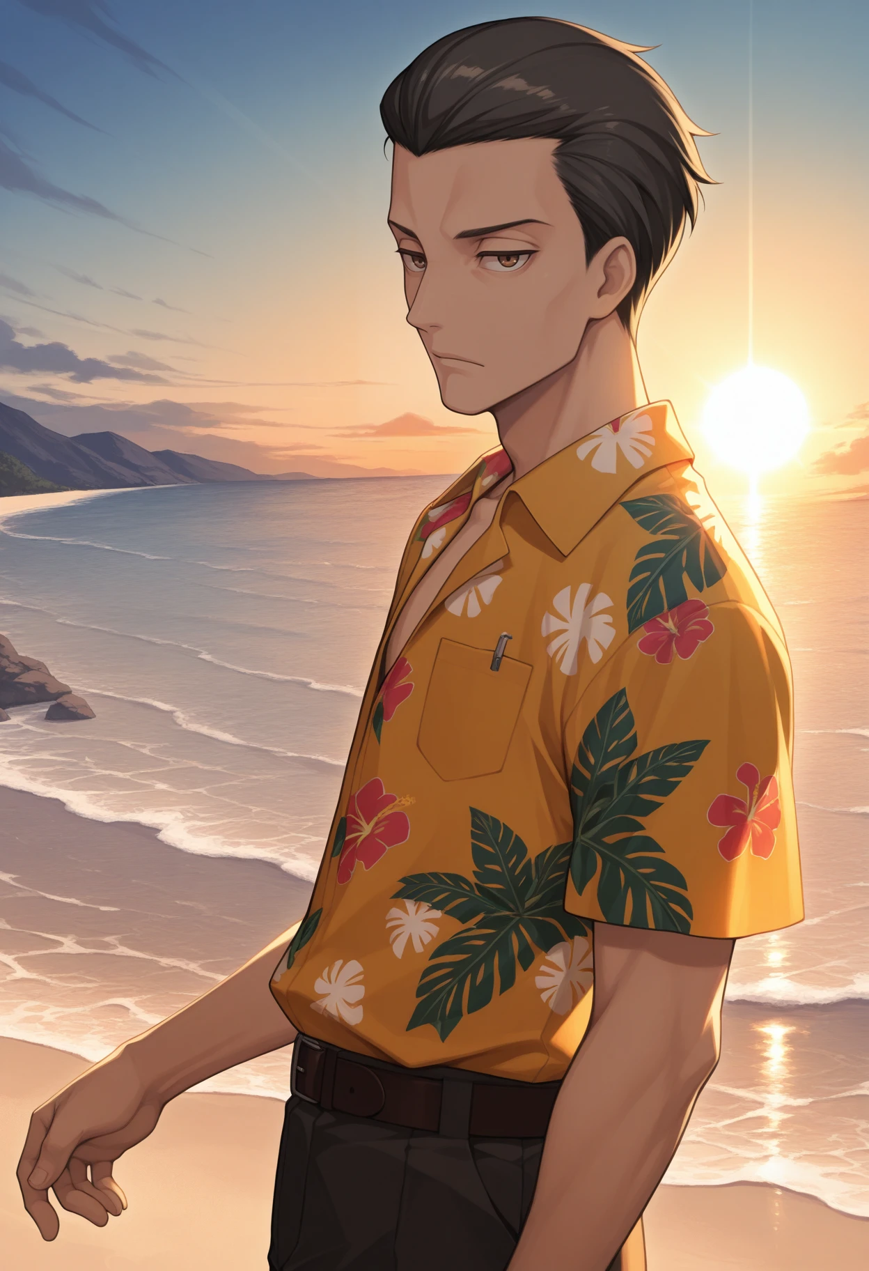 masterpiece, best quality, <lora:oswald-nikke-richy-v1_ixl:1> 1boy, solo, male focus, brown eyes, oswald, black hair, hair slicked back, short hair, hawaiian shirt, outdoors, beach, sun, sunlight, bright