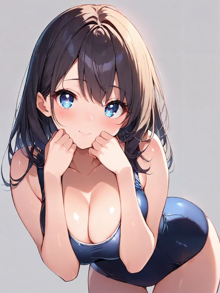 masterpiece,ultra-detailed,best quality,8K,CG,illustration,vivid,cute face,beautiful face,clean skin ,shiny hair,eyelashes,ultra-detailed-eyes,1girl,large breasts,simple background,school swimsuit,hands on mouth