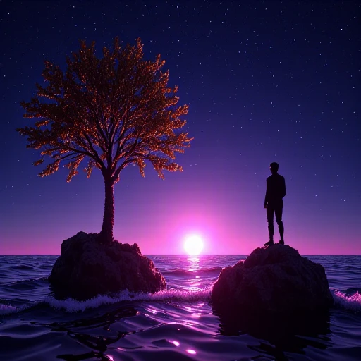 and it appears to be composed of a complex, almost metallic appearance. The water's surface is depicted in various shades of blue and purple, depicting a dramatic nighttime scene. The central figure is a silhouette of a person standing on a dark, yellow, is a vibrant, has a slender trunk and a lush, which are scattered throughout the image. These stones vary in size and shape, pure white, Fragmentation The image is a black and white digital drawing in a style reminiscent of surreal, interlocking squares that recede into the distance, with highlights of pink and orange reflecting the setting sun. The waves are depicted as smooth