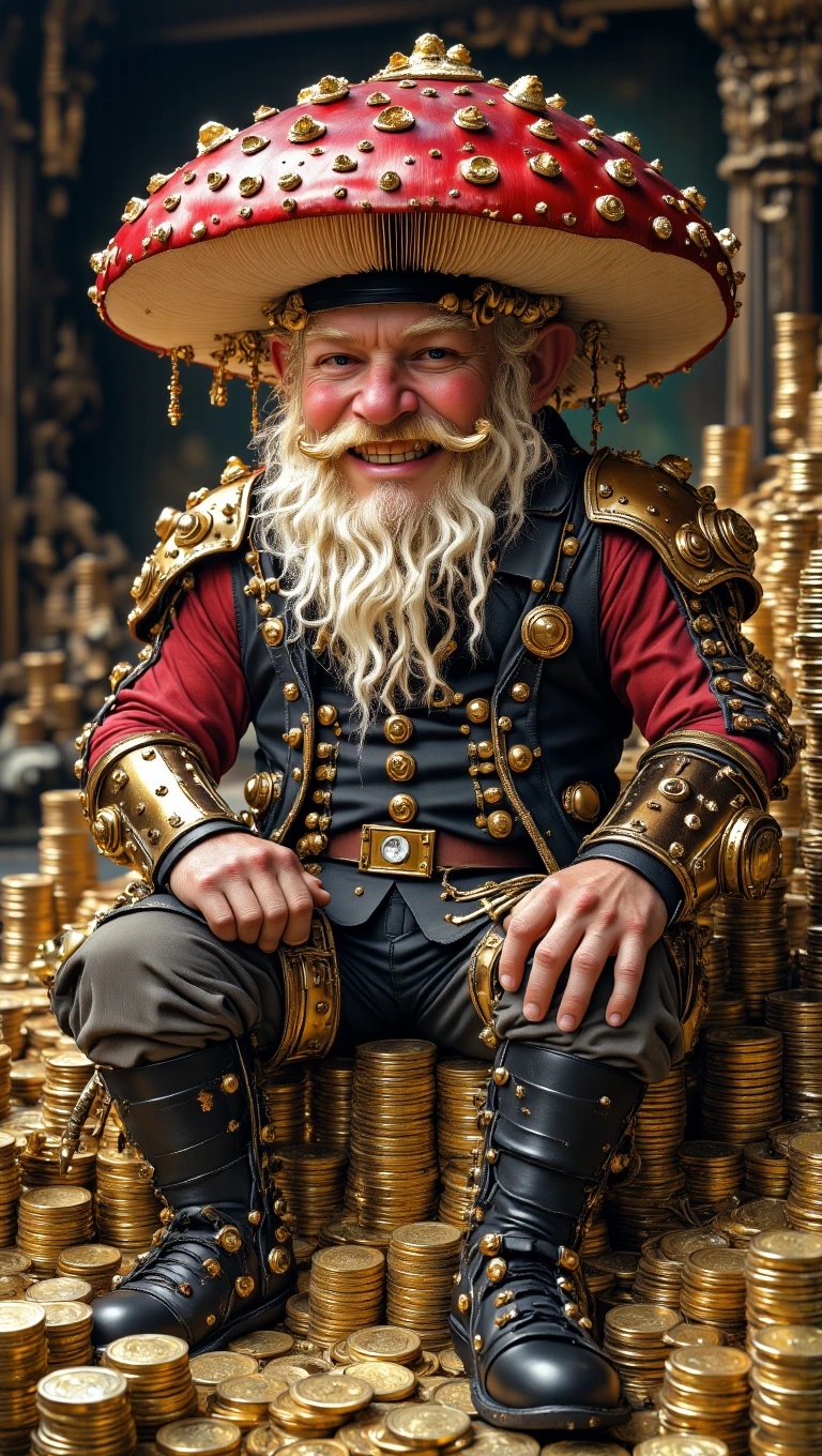 MushroomHat, mythp0rt,  
An ugly gnome boss with a large nose and a giant, dramatic MushroomHat with steampunk decorations is sitting on a pile of gold coins in a bank vault. Stacks of gold coins. Stacks of gold bars. The gnome is wearing a steampunk thief outfit. he seems happy.