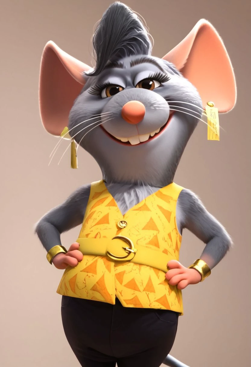 brianca_z+casual, furry, anthro, female mouse, gray fur, dark gray short hair, pink ears, pink nose, three whiskers on each side, buckteeth, big eyelashes, golden-brown eyes, pink hands (four fingers), pink feet, gray mouse tail, yellow sleeveless top (orange cheese patterns), yellow belt around the waist, black pants, golden earrings, big gold bracelet on right arm, score_8_up, score_7_up, BREAK, 1girl, solo, looking at viewer, cute, smirk, from below, hands on hips, head tilt, female focus, looking at viewer, detailed background, 4k, masterpiece, best quality, highly detailed, realistic, 3d, Expressiveh