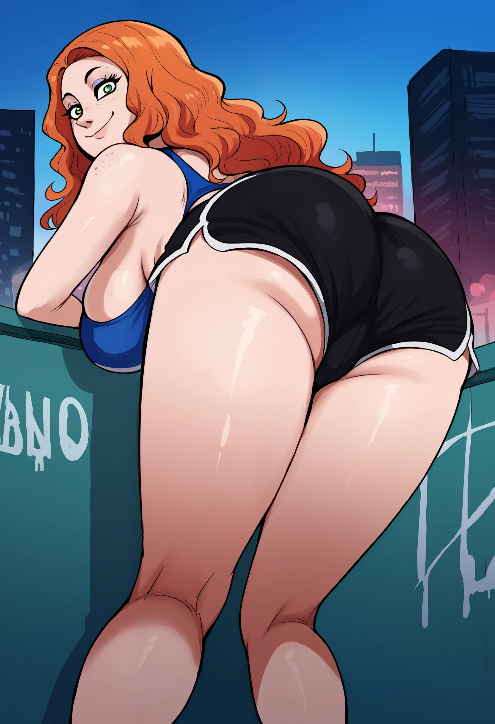 source_anime, best quality, clear face, Jasmine Fenton from danny phantom, orange hair with blue headband, blue eyes, long hair, large breasts, perfect body, looking at viewer, smile, sexy danny phantom clothes, black t-shirt, in the park at night, standing, from behind view, big ass