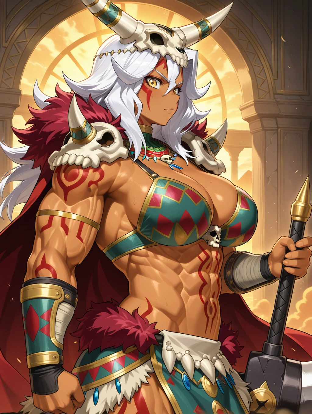 amazoness augusta, 1girl, solo, dark-skinned female, obliques, biceps, abs, large breasts, muscular female, looking at viewer, tribal, huge weapon, midriff, from side, bandaged vambraces, facepaint, censored, animal skull ornament, fur trim loincloth, red cape, stomach tattoo, holding huge weapon, bikini armor, skull shoulder armor
masterpiece,best quality,amazing quality,very aesthetic,absurdres,newest,<lora:Amazoness Augusta, Amazoness Spiritualist illuXL v1.1:0.75>,