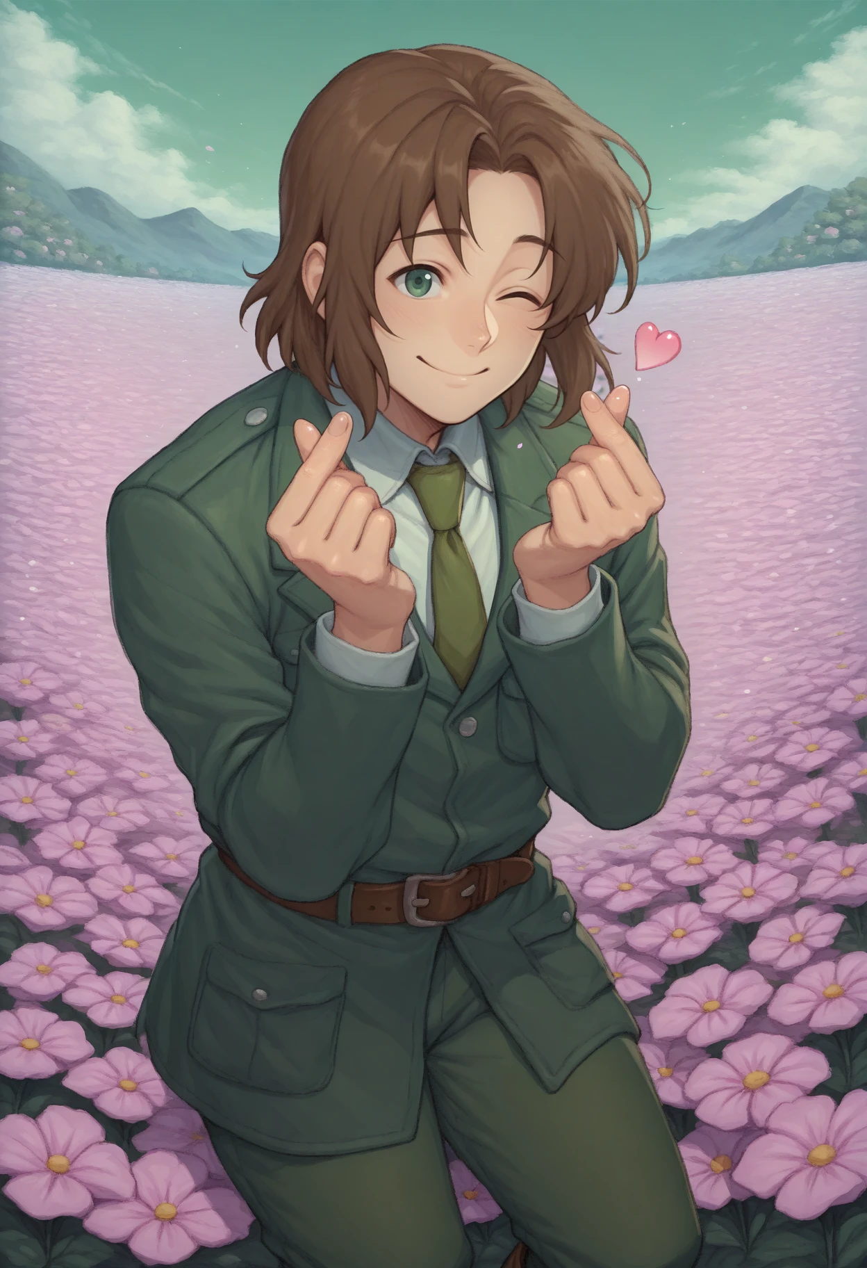 masterpiece, best quality, 1boy, solo, <lora:NSLithuaniaHetalia:1> NSLithBase, brown hair, medium hair, green eyes, white collared shirt, green necktie, green jacket, green pants, knee boots, brown belt, one eye closed, finger heart, hands up, outdoors, flower field, smile, hearts, pink flowers