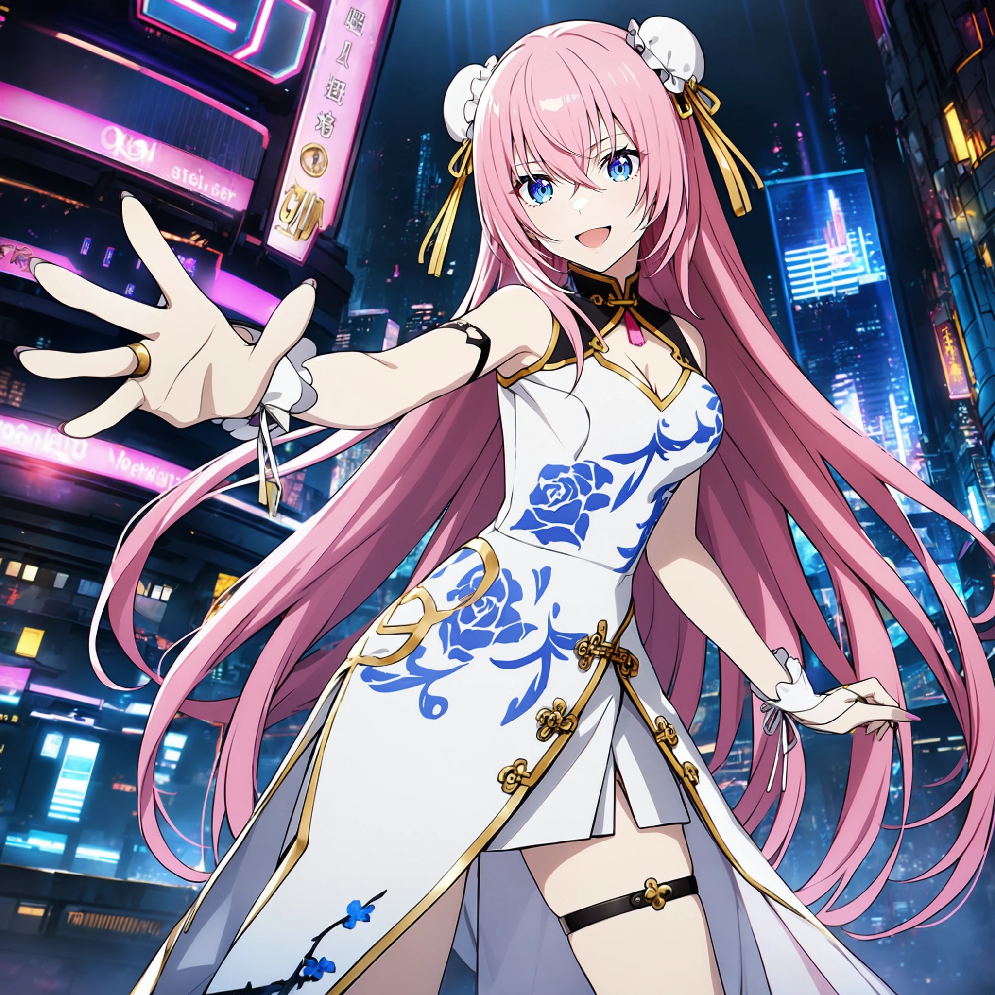 1girl, megurine luka, vocaloid, masterpiece, very aesthetic, absurdres, official art,
bewitching sister, pink hair, very long hair, blue eyes, two hair bun,
(looking at viewer:1.2), smiling, open mouth, standing, legs apart, contrapposto, from side, looking back, reaching towards viewer, BREAK
chinese clothes, china dress, bun cover, white dress, thigh strap, fingerless gloves, sleeveless, floral print, sleeveless dress, side slit, gold trim, clothing cutout, white gloves, hair ornament, bare shoulders, print dress, bridal gauntlets, cleavage cutout, long skirt,
cyberpunk city, light rays, luminescence, dark atmosphere, neon sign, skyscraper, City of night,
<lora:sdxl-vs-BewitchingSister01:0.9:lbw=0,0,0.2,0.2,0,0.4,0.4,0,0.8,0.8,0,0,0,0.8,0.8,0.6,0.8,0.0,0.0,0.0,0,0,0,0,0,0>