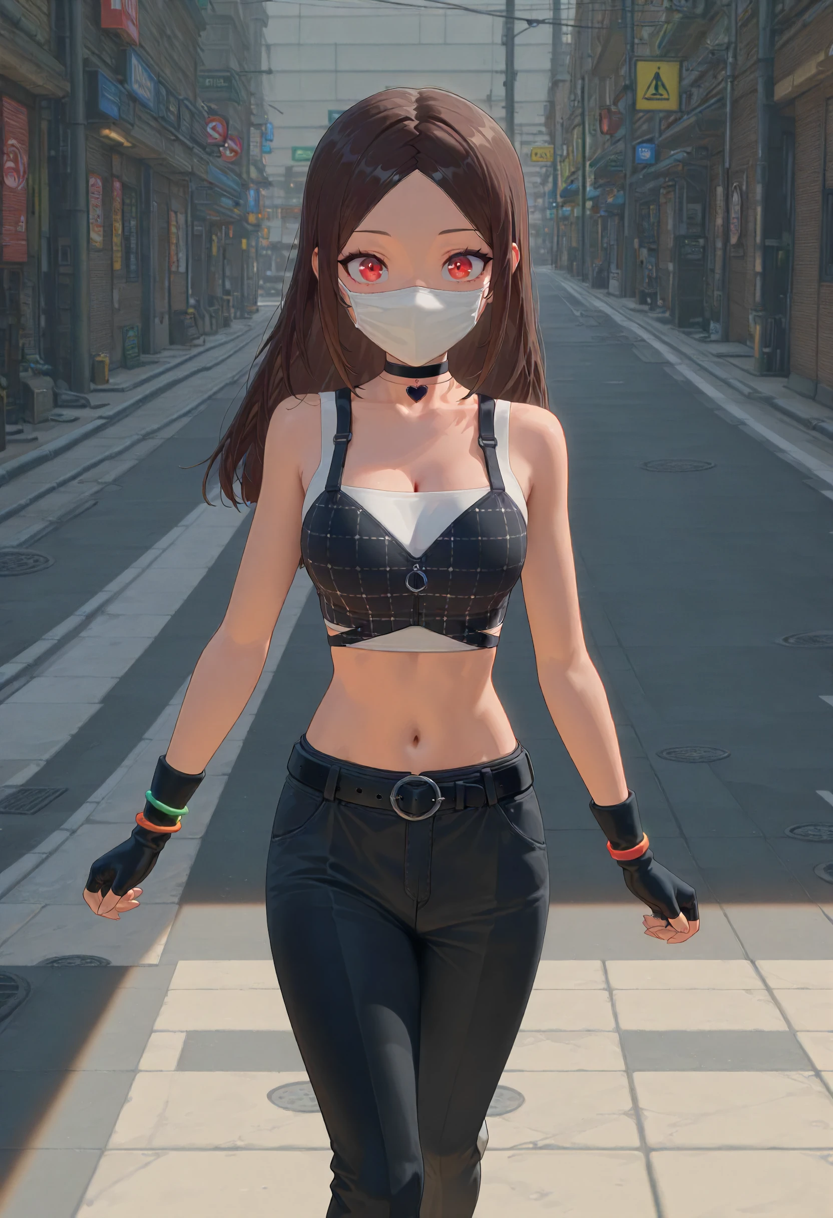 masterpiece, best quality, amazing quality, very aesthetic, absurdres, newest, scenery, volumetric lighting, perfect eyes, ultra detailed,
1girl, solo, brown hair, parted hair,  red eyes, 
facial mask, choker, black heart choker, white top, black top, square pattern top, zip, midriff, navel, fingerless gloves, blue and orange wrist bands, black pants, belt, white shoes, heart back pockets, 
walking, looking at viewer, peace sign, surprised,
sixth street background, detailed background,
<lora:NPC_Nameless_masked_girl_-_Zenless_Zone_Zero_ZZZ__Illustrious:1>
masterpiece, best quality, amazing quality, very aesthetic, absurdres, newest, scenery, volumetric lighting, perfect eyes, ultra detailed,