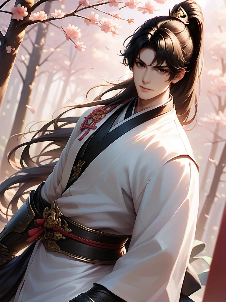 score_9, score_8_up, score_7_up, 1boy, looking at viewer, cowboy shot, smile, wide shot, solo, dutch angle, detailed background, cherry blossoms, forest,
<lora:ADonghuaMaleXL_style:0.8>,DonghuaXLP, long sleeves, long hair, black hair, black eyes, bangs, armor, black japanese clothes, ponytail, serious,