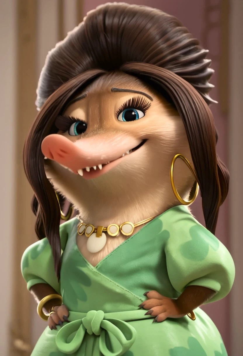 frufru_z+casual, furry, anthro, female arctic shrew, brown pouf hair, tan golden-brown fur, long pink nose, big eyelashes, light blue eyes, golden-brown hands (four fingers), short claws, brown-gray feet, brown tail, mint green dress (dark green clover patterns), green ribbon around the waist, golden earrings (big golden hoop rings), gold bracelet on right arm, golden necklace with ornaments, score_8_up, score_7_up, BREAK, 1girl, solo, looking at viewer, cute, smirk, from below, hands on hips, head tilt, female focus, looking at viewer, detailed background, 4k, masterpiece, best quality, highly detailed, realistic, 3d, Expressiveh