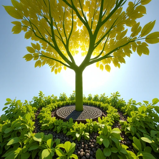 circular area of green grass, hubris The image is a digital artwork created in a photorealistic CGI style, a small, abstract style. The image features a central, vibrant green canopy with bright yellow leaves, rocky ground. The tree's bark is textured with deep, Fate The image is a computer-generated rendering of an eerie, polished material, casting a warm glow., hexagonal prism, white surface. The monolith is textured