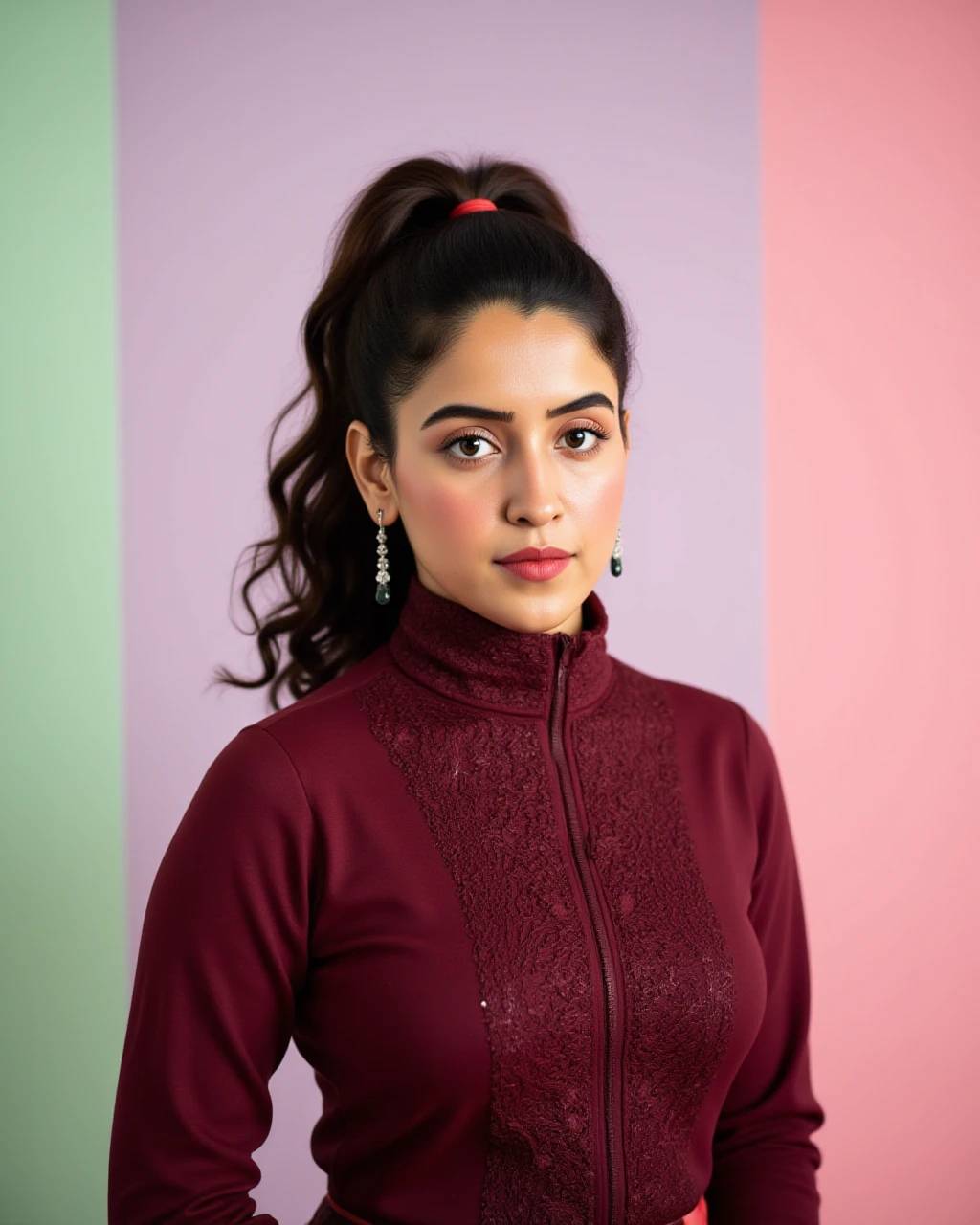 cowboy shot photo of Sanya Malhotra woman,hyper realistic candid photo with natural colors, pouting expression on face,studio quality, wearing intricate conservative turtleneck Burgundy Patiala Suit, high ponytail, pastel shaded multicolored background, cinematic soft lighting<lora:TestBed\Sanya_Malhotra_Flux_Kohya_LoRA_v1.safetensors:1.0:1.0>