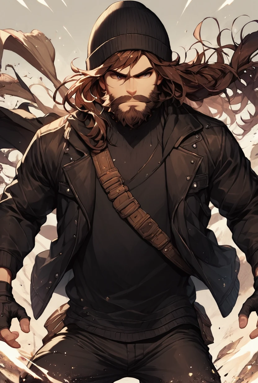 score_9, score_8_up, score_7_up  <lora:jeezo-09:1> jeezo, male focus, facial hair, beard, brown hair, long hair, beanie, black fingerless gloves, long  jacket, black headwear, black jacket, long sleeves, , Bandolier, detailed background, action scene, action pose