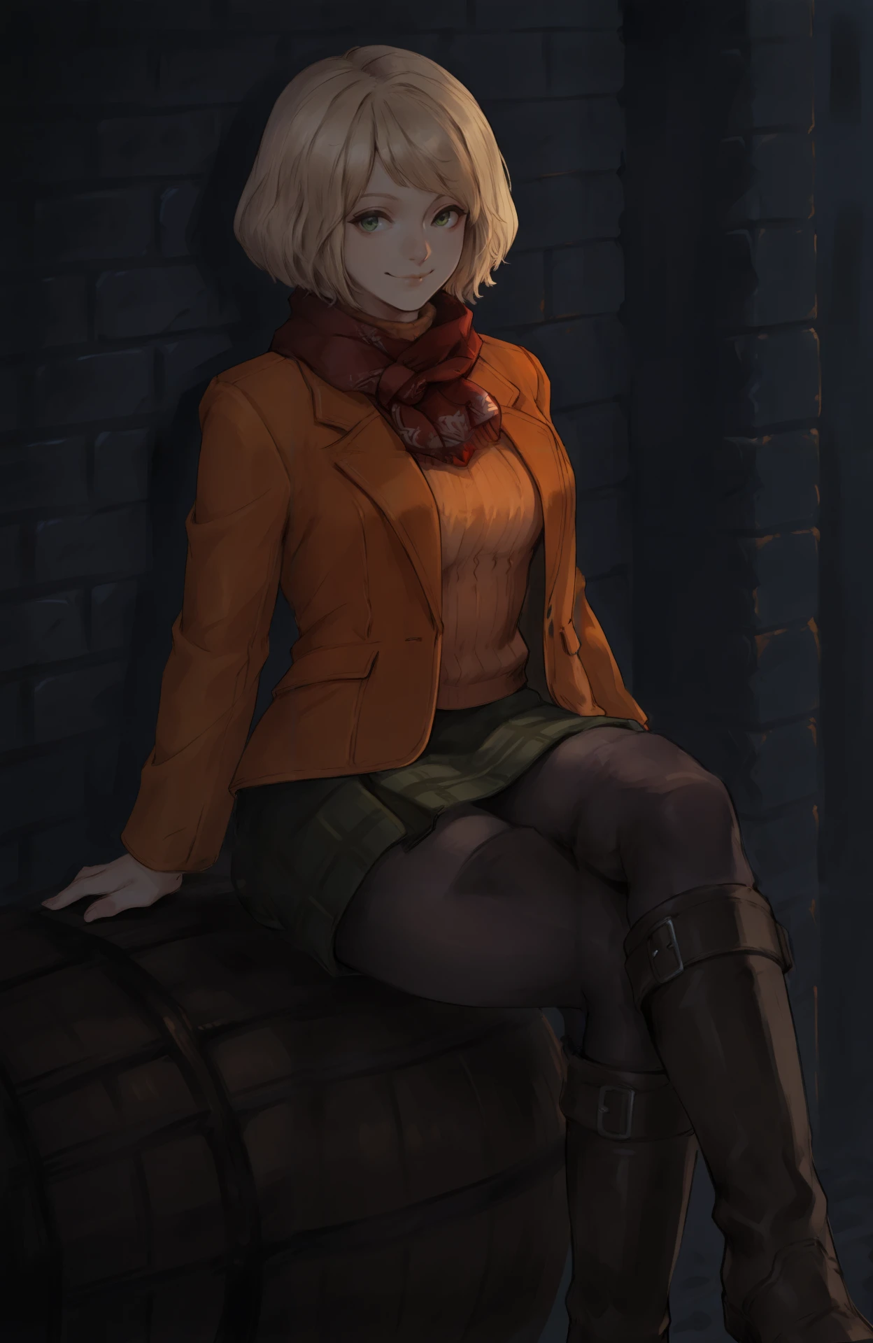 <lora:Ashley_Graham_resident_evil_4_remake:0.7> masterpiece, best quality, brick wall, night, backlighting, dark, dark theme, looking at viewer, closed mouth, 1girl, solo, ashgrahamley, blonde hair, short hair, green eyes, red scarf, orange jacket, orange sweater, green skirt, plaid skirt, black pantyhose, brown footwear, knee boots, sitting on barrel, crossed legs, smile