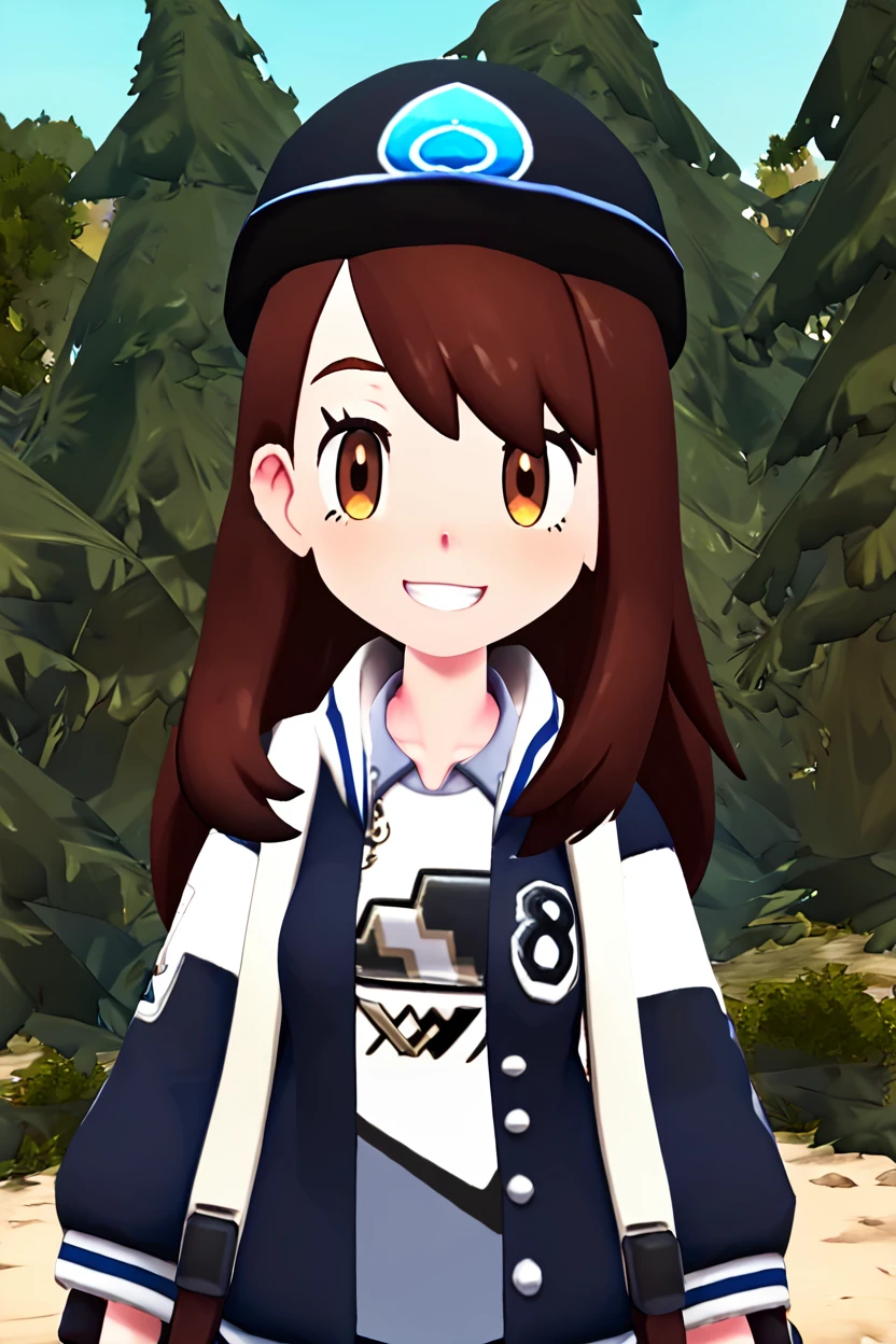 score_9, score_8_up, score_8, medium breasts, (curvy), cute, eyelashes,,, , zzGloria, brown eyes, alternate hair length, alternate hairstyle, brown hair, long hair,   jacket, outdoors, black jacket, hat, collarbone, black headwear, day, open clothes, shirt, <lora:GloriaBlueDoomkemon:1>,  ,,,, BREAK, smile, looking at viewer, ,,, abstract background, white outline, cowboy shot, ,,, embedding:zPDXL, Expressiveh, ,,, <lora:theOtherHalfPDXL:0.8>, <lora:CatalystStylePDXL:0.6>, <lora:SDXLFaeTastic2400:0.5>, <lora:Expressive_H-000001:0.4>,