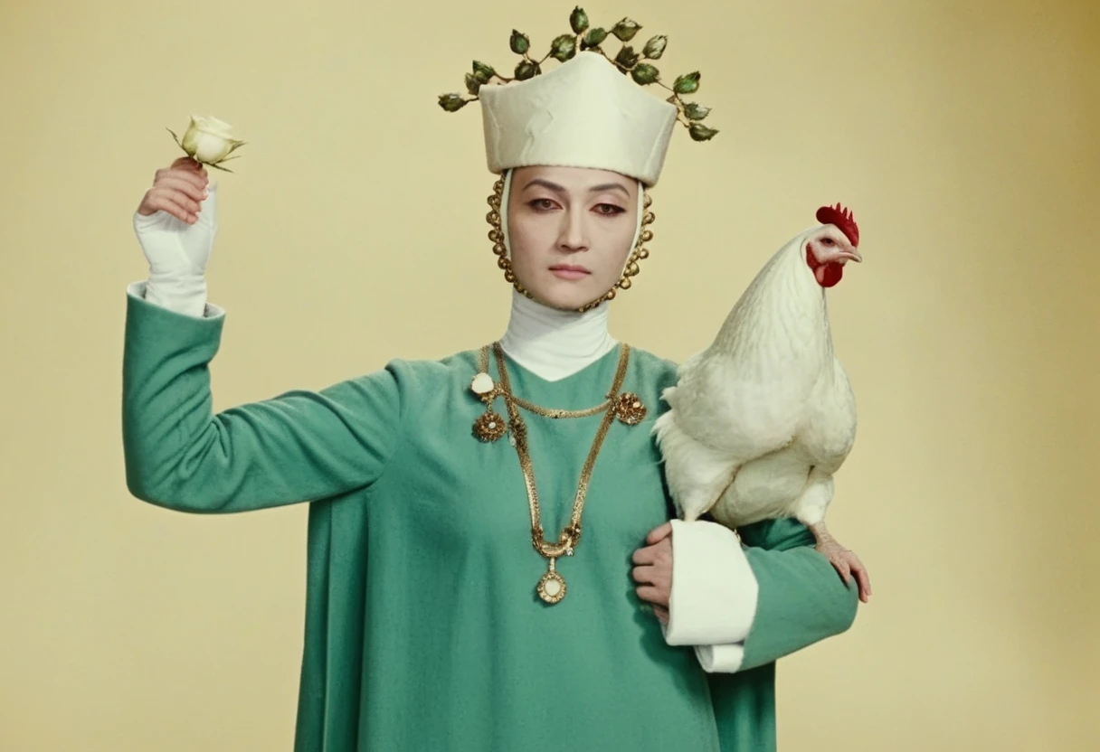 <lora:The_Color_Of_Pomegranates:1>sayatnova, a woman in a long green robe , t-pose, floral headdress, chicken on shoulder, very long sleeves, white rose, white skin, long robe, dress