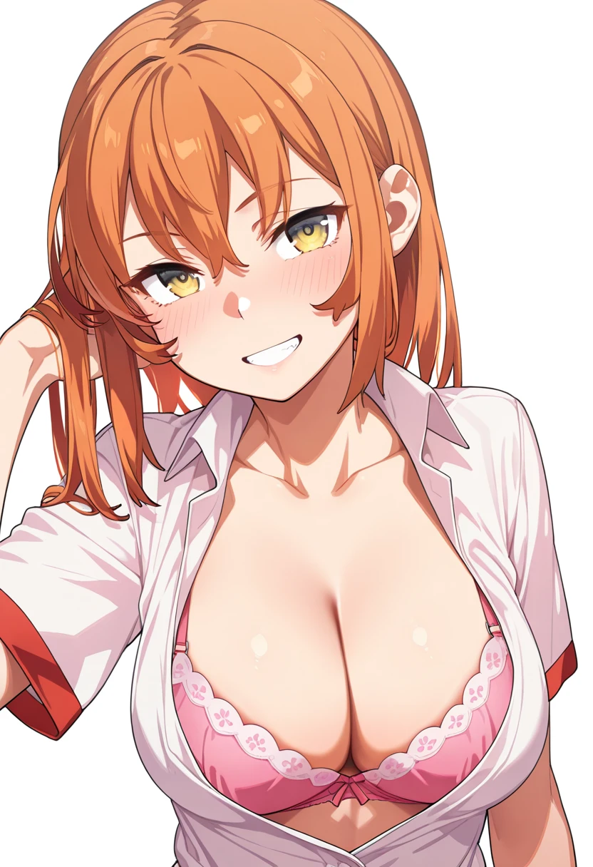 masterpiece,best quality,amazing quality,very aesthetic,absurdres,newest,scenery,1girl,solo,
<lora:yuriko_ilxlv1:1>,yuriko,yellow eyes,hair down,orange hair,open shirt,bra,cleavage,<lora:Fixhands_anime_bdsqlsz_V1:1>,
face_focus,upper_body,grin,light_blush,white_background,simple_background,looking_at_viewer,hand_in_hair,, masterpiece,best quality, very aesthetic, absurdres, ultra detailed, high resolution, 4k, extremely detailed CG,