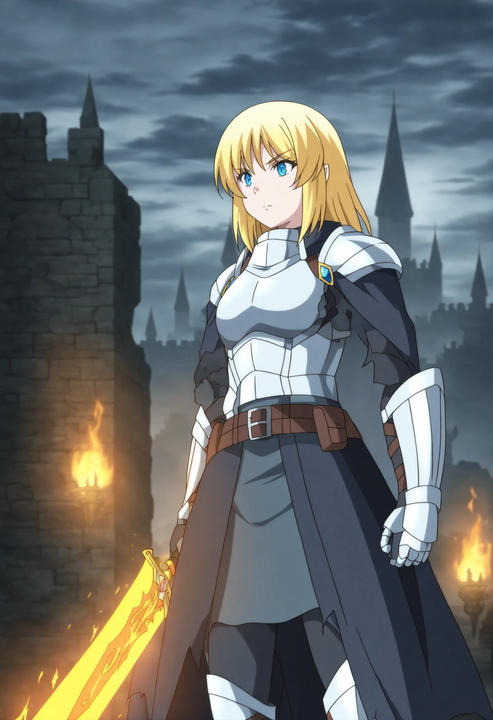 <lora:Cayna - [In the Land of Leadale] - illustriousXL v1:1>, sysdeep_cayna, blonde hair, blue eyes, dragon-scale armor, standing, in a ruined castle, holding a flaming sword, stormy sky