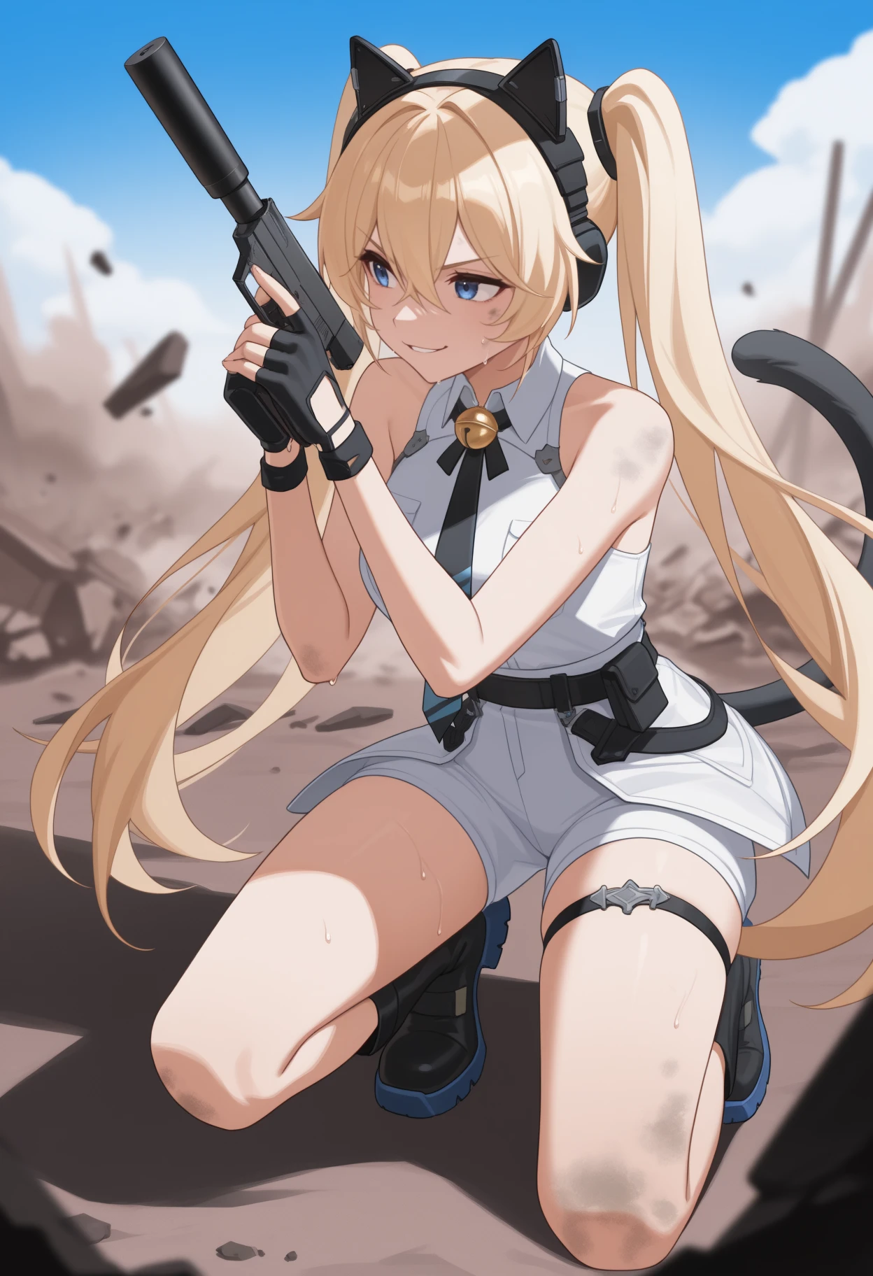 masterpiece, best quality, <break> solo, 1girl, m1chele, cat tail, sweat, dirty, smirk, looking away, on one knee, holding gun, handgun, suppressor, two-handed, hands up, long hair, blonde hair, hair between eyes, twintails, animal ear headphones, blue eyes, v-shaped eyebrows, white shirt, collared shirt, sleeveless shirt, neck bell, diagonal-striped necktie, black necktie, blue necktie, black gloves, fingerless gloves, white skirt, white shorts, thigh strap, black footwear, boots, science fiction, outdoors, blue sky, cloud, debris, rubble, battlefield
<segment:yolo-Anzhc Face seg 640 v2 y8n.pt,0.4,0.5//cid=1>