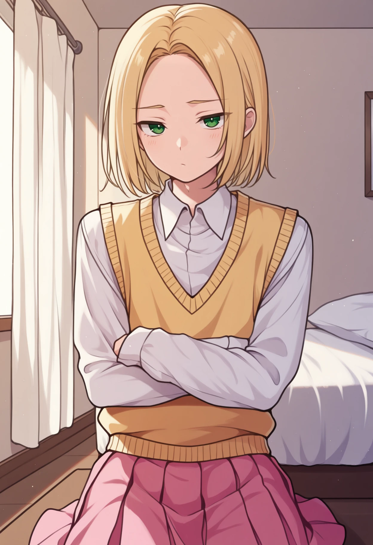 masterpiece, best quality, 1boy, solo, <lora:NSPolandHetalia:1> NSPolandMisc, medium hair, green eyes, blonde hair, androgynous, yellow vest, sweater vest, collared shirt, pink skirt, sleeves past wrists, crossed arms, indoors, bedroom, sitting, looking at the viewer