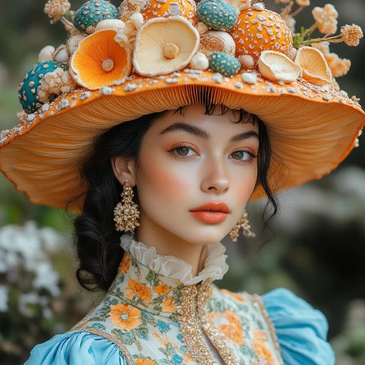 The image features a beautiful young woman wearing a colorful  mushroomhat adorned with mushrooms and flowers. She is positioned in the center  of the scene, with her face prominently visible. The mushroomhat is decorated  with various mushrooms and flowers, creating a visually striking and  whimsical appearance. The woman's outfit is complemented by a blue  dress, adding a touch of elegance to the overall scene.