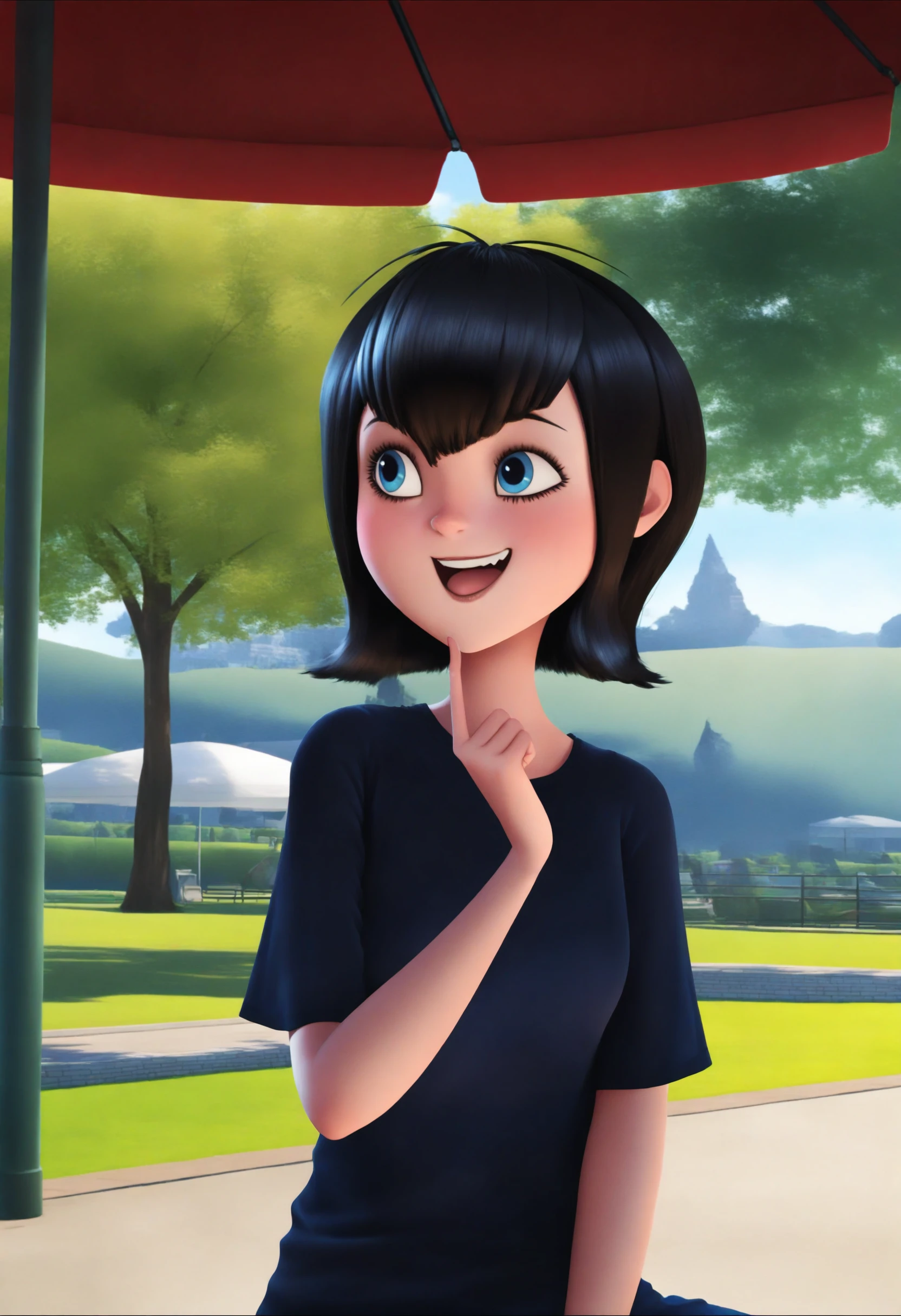 <lora:Mavis Dracula - [Hotel Transylvania] - illustriousXL v1:1>, sysdeep_mavis, black hair, blue eyes, solo, comfortable attire, picnicking, in a public park, sunny day, friends laughing,