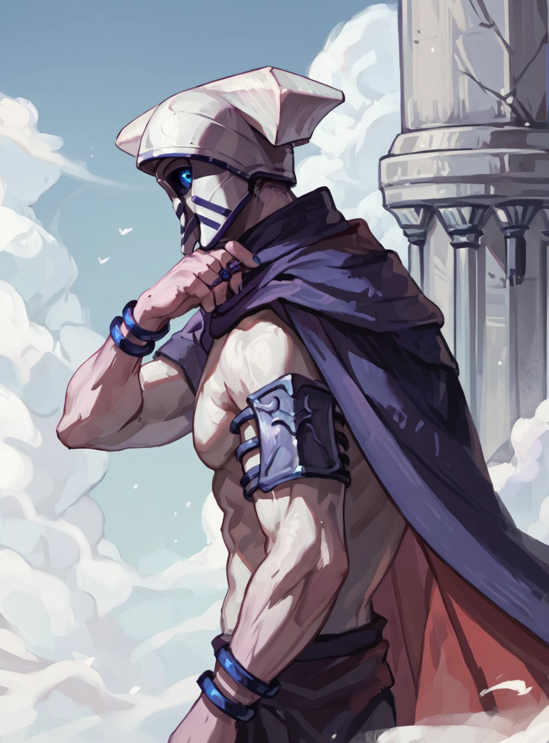 score_9, score_8_up, score_7_up,  <lora:Mithrix_Risk_of_Rain_2:0.8>, source_safe,
mithrix_ror2, solo, 1boy, blue eye, colored sclera, detailed eyes, helmet, white skin, muscular, cape, bracelet, jewelry, 
outdoors, from side, poining