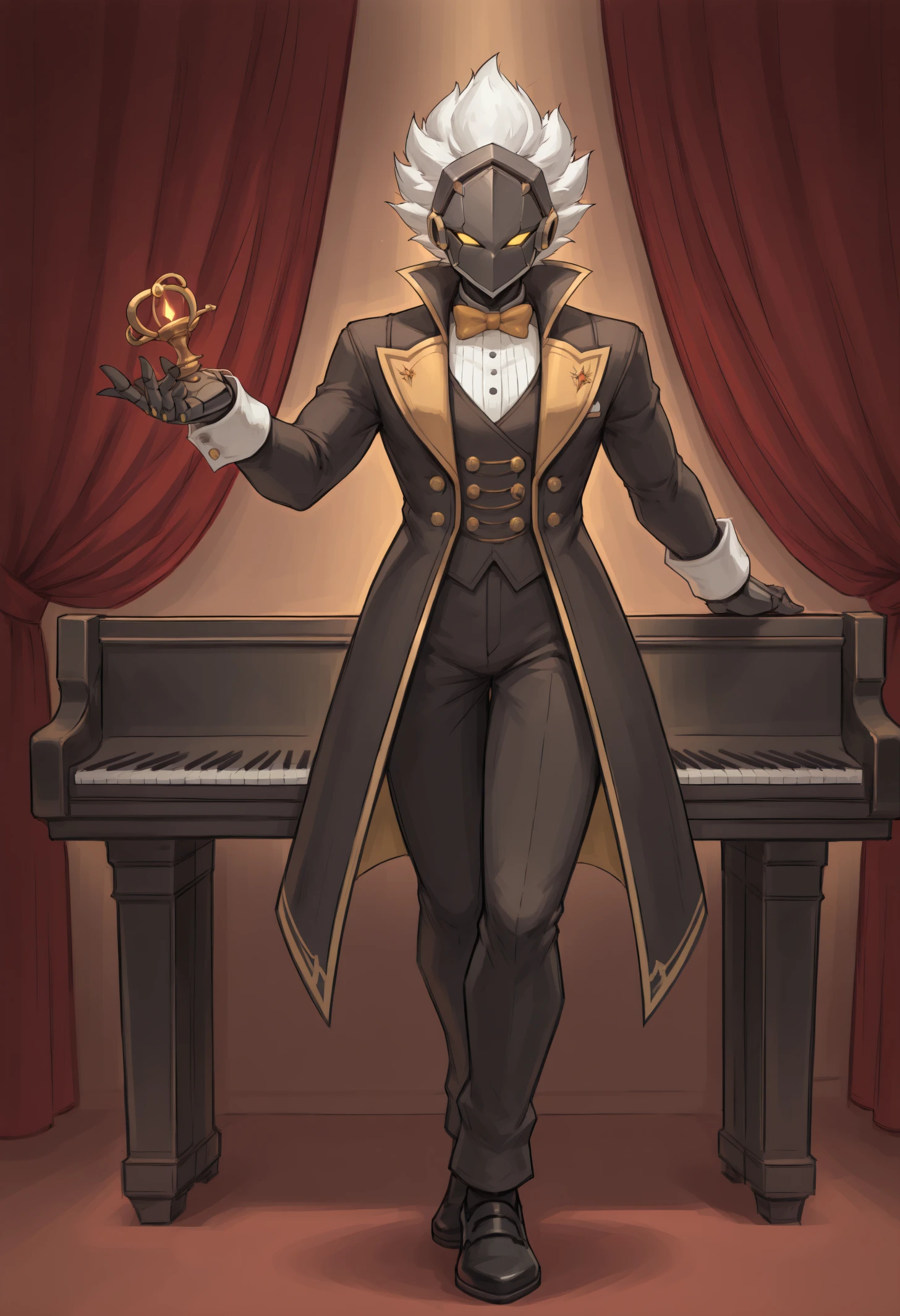 masterpiece, best quality, 1boy, zzzblkd, cyborg, robot joints, short hair, white hair, spiked hair, yellow eyes, glowing eyes, mechanical hands, mechanical parts, robot ears, no mouth, 
Victorian ballroom, polished floors, tailored suit, bow tie, gloved hands, candlelit chandeliers, mysterious smile, standing by grand piano, elegant posture, swirling dancers, shadowy corner, ornate mask, velvet curtains, quiet observation, faint music, polished shoes
<lora:zzzblkd_idxl_EliPot:1>