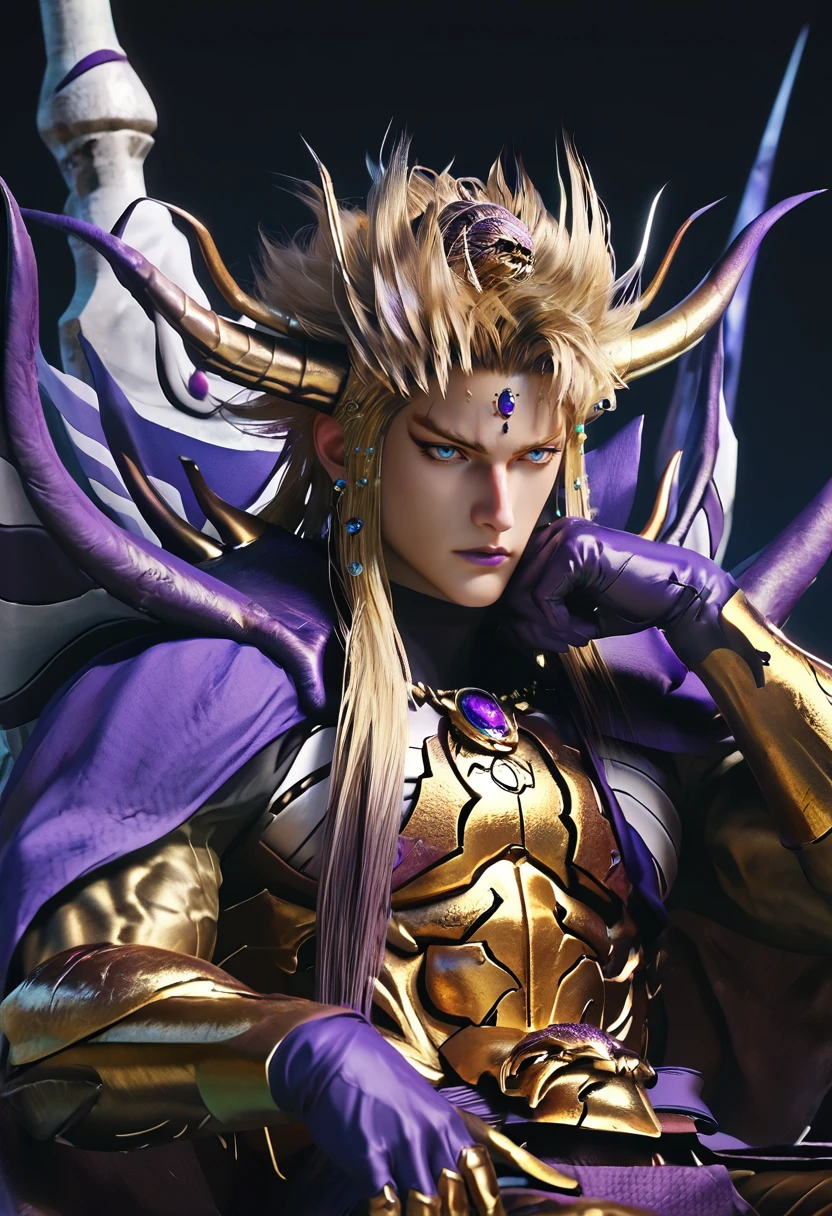 score_9, score_8_up, score_7_up, (masterpiece:1.2), (best quality:1.3), source_anime, 1boy, muscular, fighting stance, <lora:Emperor_Mateus_Final_Fantasy:0.8> empmat_ff, makeup, purple lipstick, cape, gold armor, gloves, facing viewer, simple background, portrait, sitting on throne, leaning on hand, low light, dark, dim, cinematic lighting, high contrast, rim lighting, ray_tracing, global illumination, glow