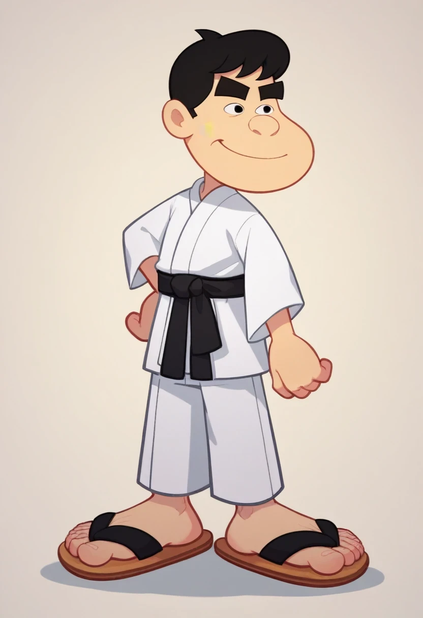 Sushiroco_V2, black hair, 1boy, male focus, black eyes, toes, sandals, thick eyebrows, asian male, large feet, white martial arts uniform with a black belt brown sandals, slant eyes,