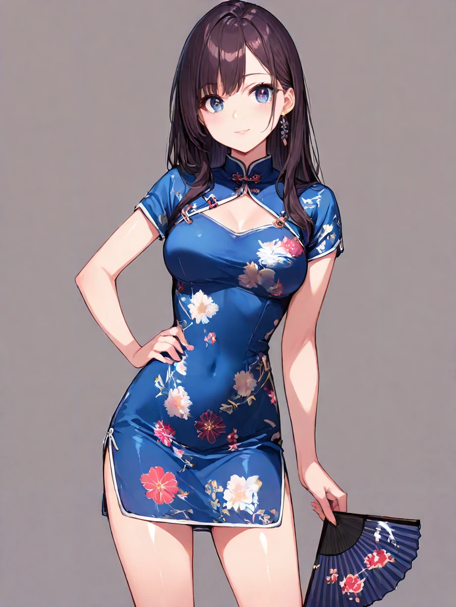 masterpiece,ultra-detailed,best quality,8K,CG,illustration,vivid,cute face,beautiful face,clean skin ,shiny hair,eyelashes,ultra-detailed-eyes,1girl,  <lora:china dress_illustrious_V1.0:0.7> jyojifuku, china dress, skirt, holding, hand fan