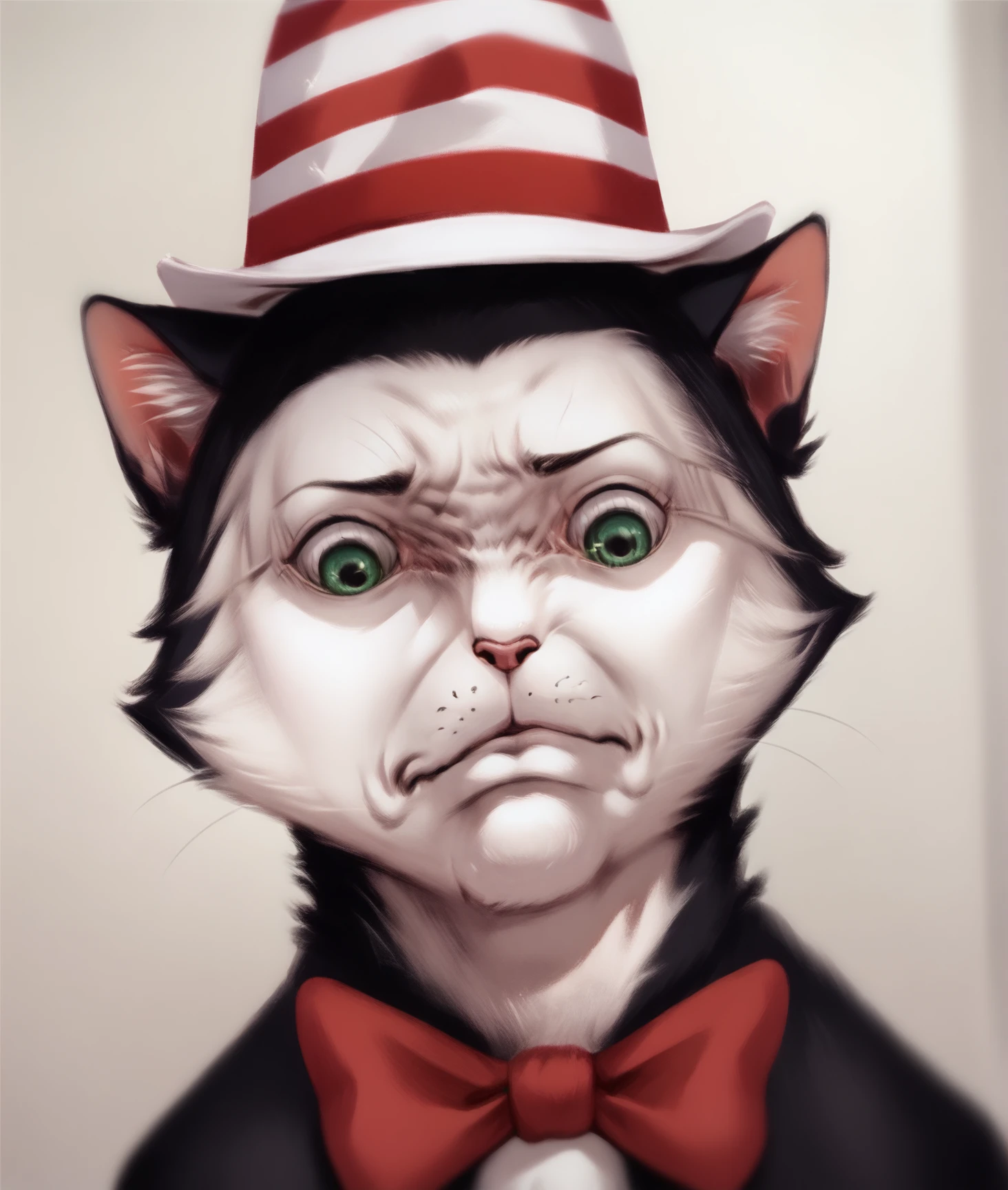 score_9, score_8_up, score_7_up, score_6_up,
Cat_in_the_Hat, whimsical cat, black fur, white face, red-and-white striped hat, red bow, cat ears, green eyes, YelenaFacePrdy, shaded face, closed mouth, portrait
 <lora:YelenaFaceParody_pdxl_Incrs_v1:1.2>
<lora:Cat_in_the_Hat_XL:0.8>