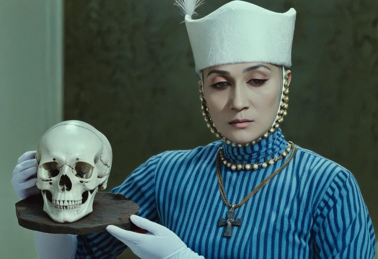 <lora:The_Color_Of_Pomegranates:1>sayatnova, a woman is holding a skull, blue striped shirt ,white hat, necklace