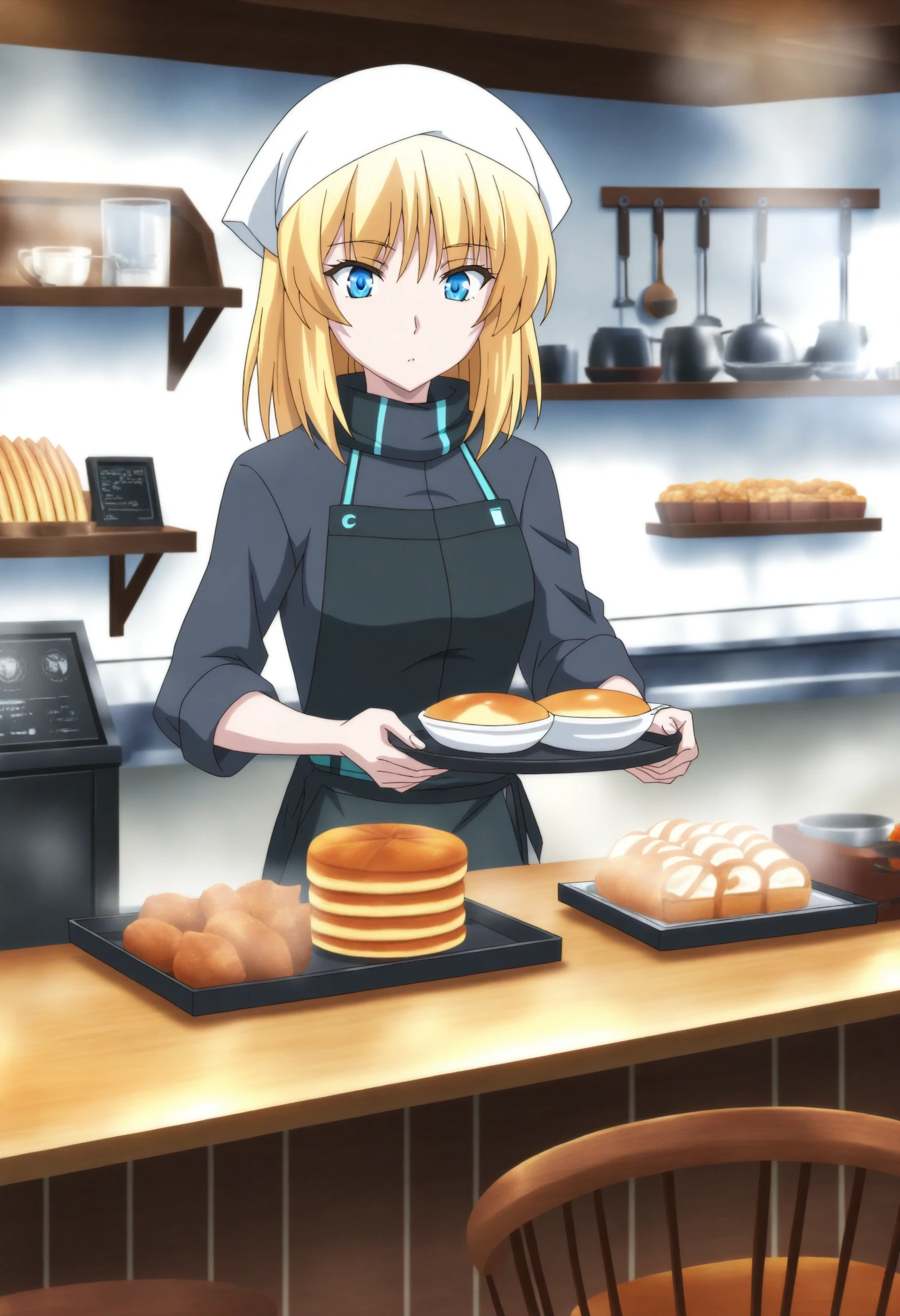 <lora:Cayna - [In the Land of Leadale] - illustriousXL v1:1>, sysdeep_cayna, blonde hair, blue eyes, barista apron, serving, at a café counter, morning, pastries displayed,