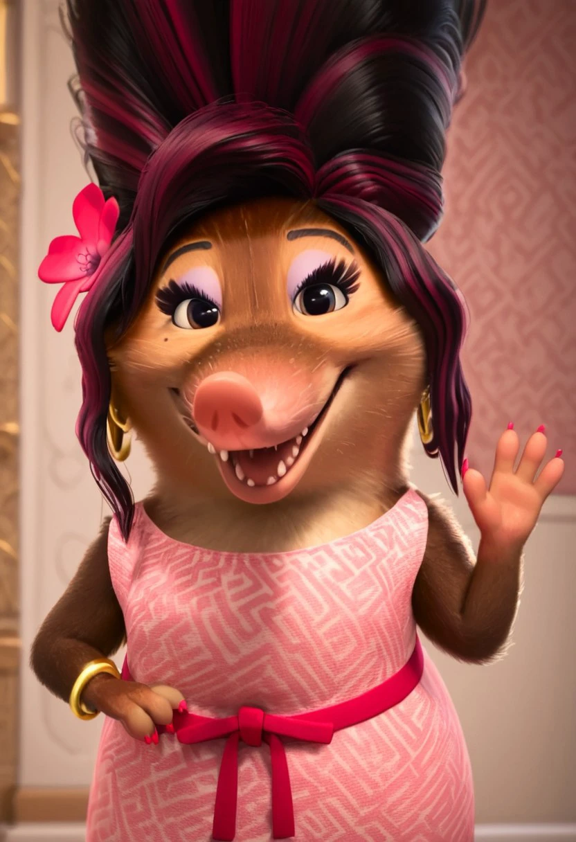 trutru(trudy)_z+casual, furry, anthro, female arctic shrew, large black bouffant hair (red hair streaks, pink flower), tan fur, mole, long pink nose, big eyelashes, brown eyes, golden-brown hands (four fingers), short claws (pink fingernails), purple eyeshadow, light pink dress (pink geometric patterns), fuchsia ribbon around the waist, golden earrings (big golden hoop rings), gold bracelet on right arm, score_8_up, score_7_up, BREAK, 1girl, solo, looking at viewer, smiling, waving at viewer, female focus, looking at viewer, detailed background, 4k, masterpiece, best quality, highly detailed, realistic, 3d, cowboy shot